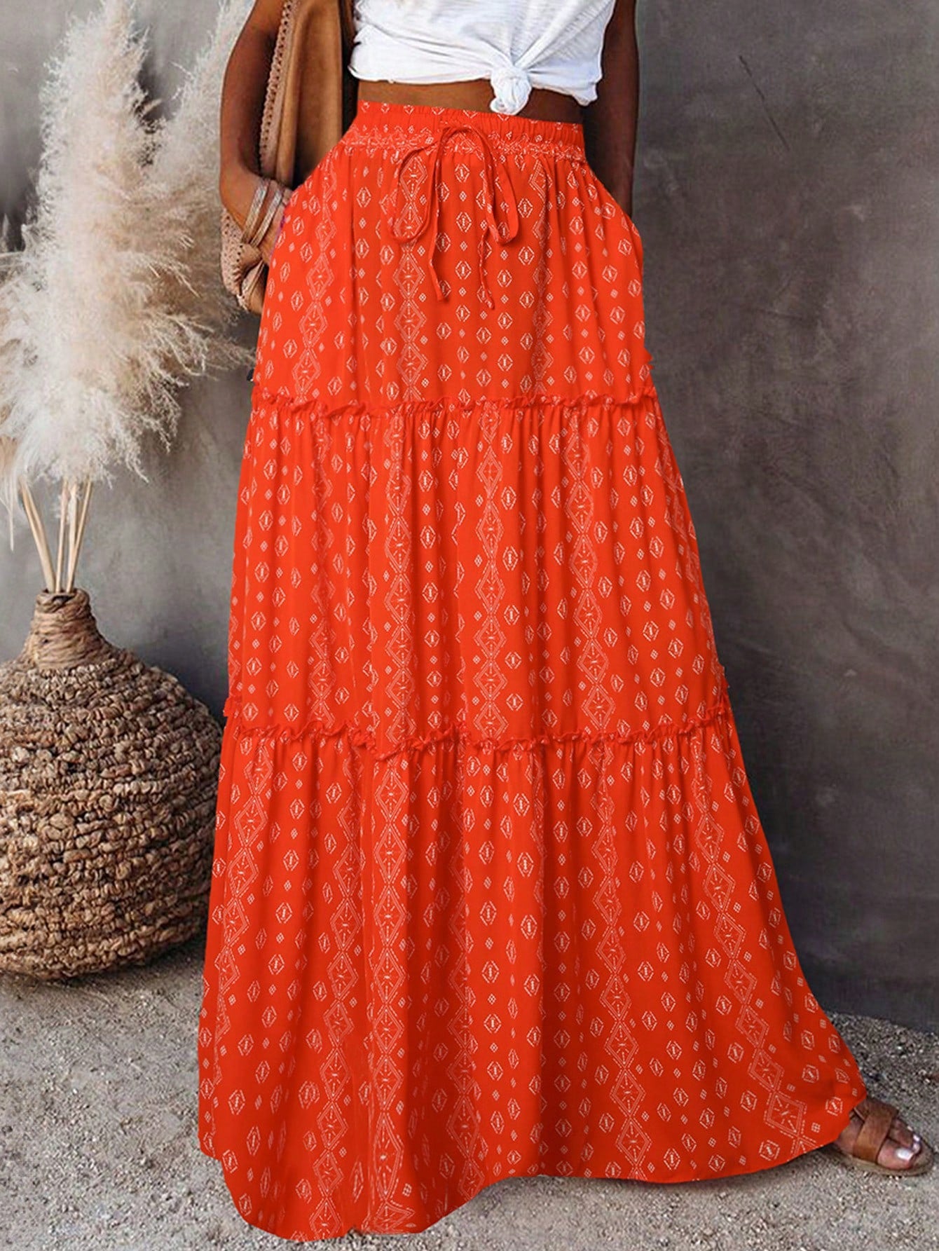 Boho Abstract Print Long Elastic Waist A Line Skirt With Pockets