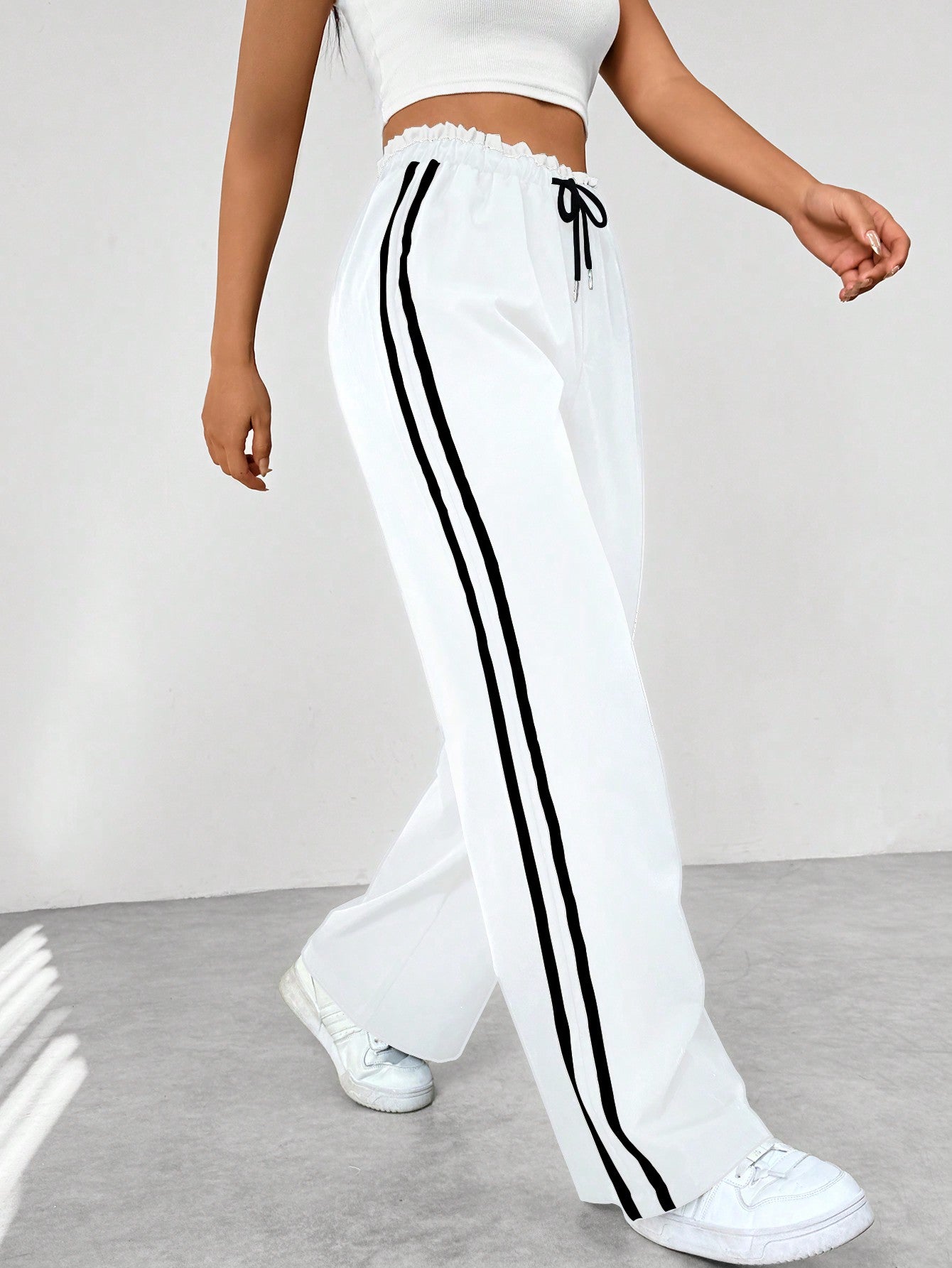 Colorblock Striped Paper Bag Waist Straight Leg Casual Pants