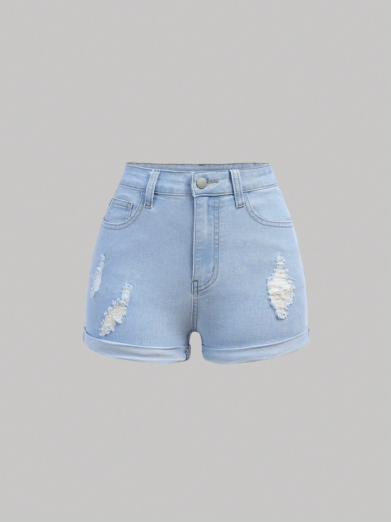 Teen Girl Pocketed Distressed Cuffed Hem Casual Denim Shorts