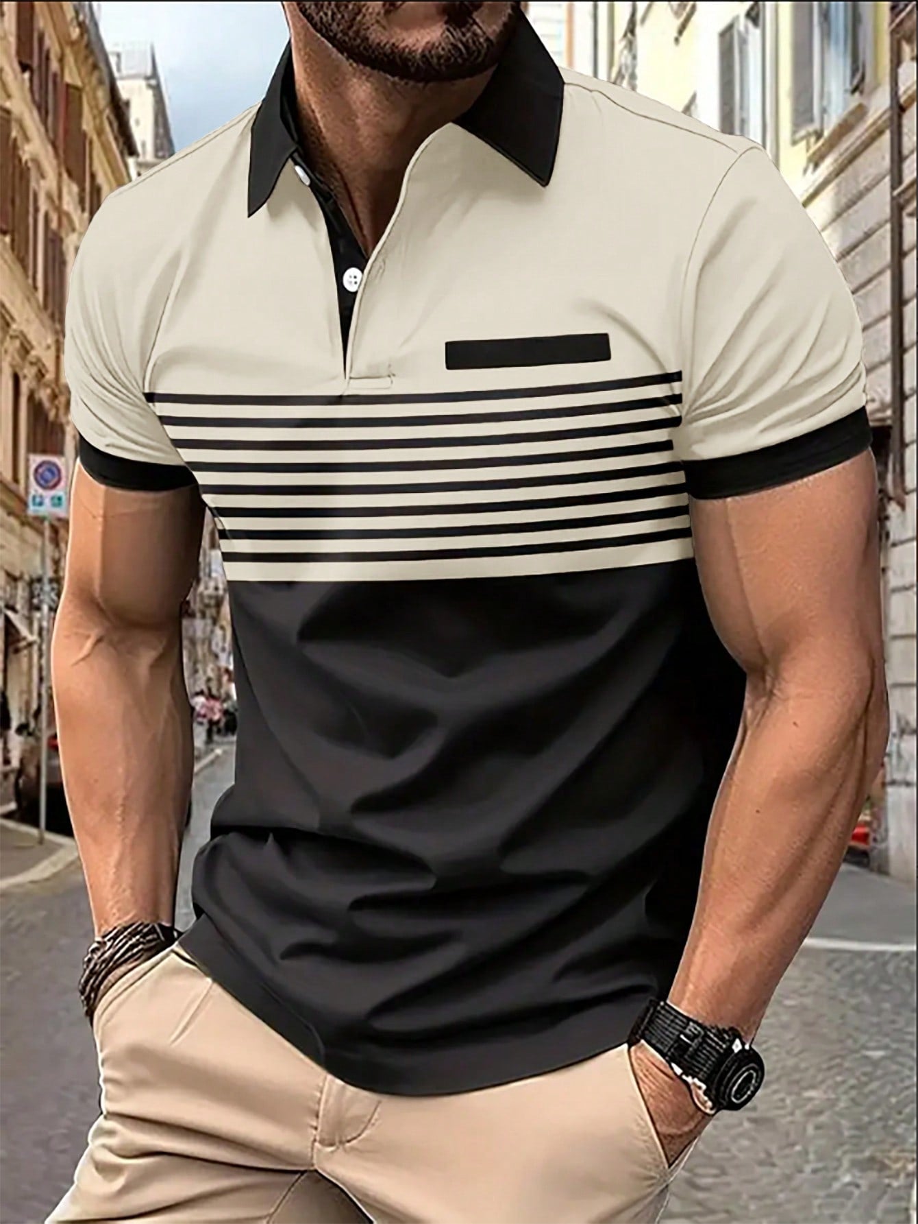 Men's Color Block Striped Polo Shirt