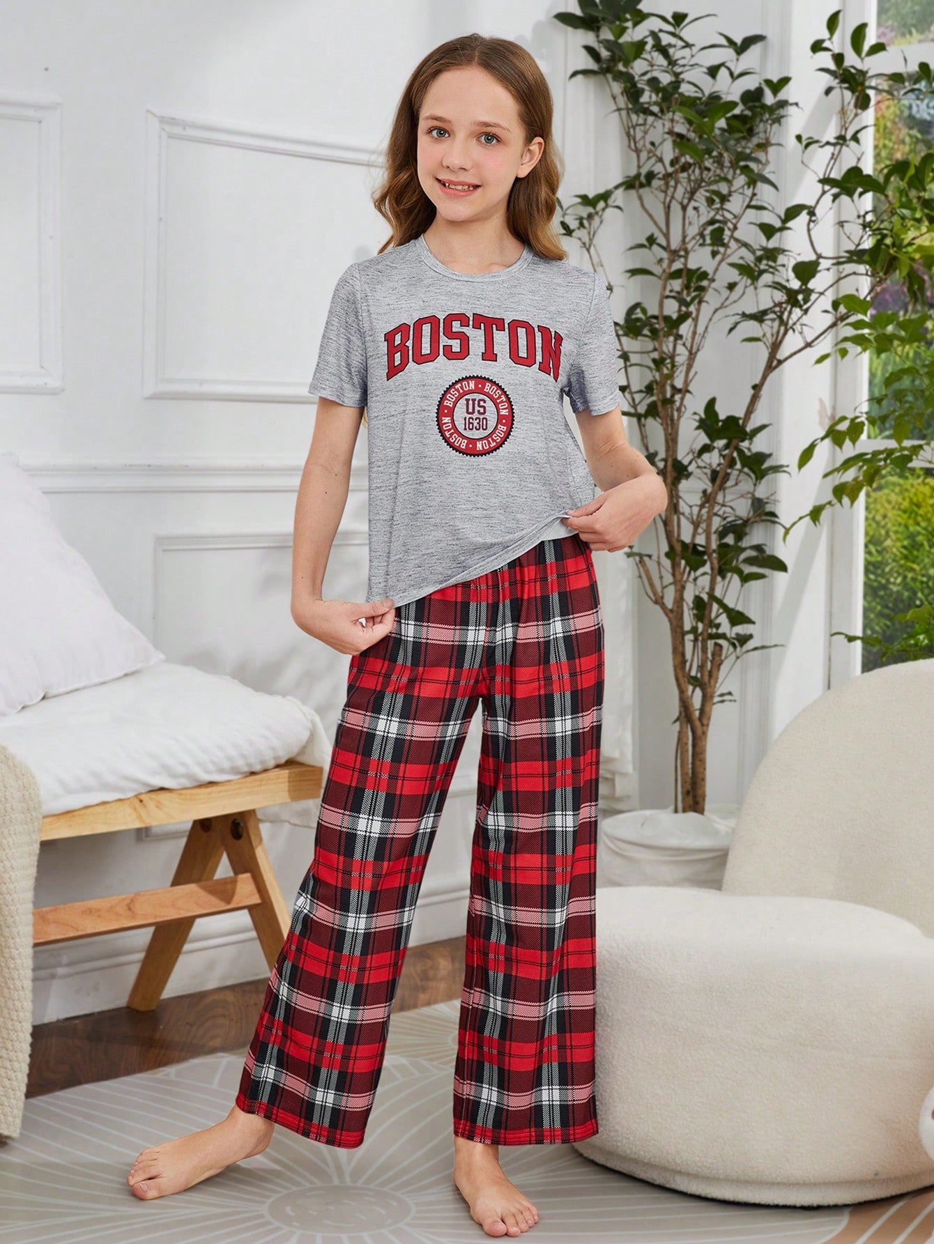 Tween Girl Letter Print Short Sleeve T-Shirt With Checked Fireproof Long Pants Pajama Set