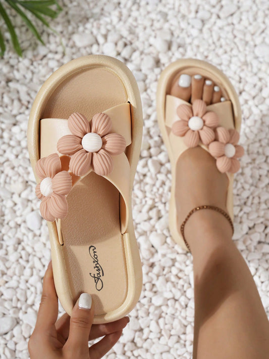 Ladies' Flower Crisscross Strap Dress Sandals, Summer Trendy Beach Party Holiday Flat Slide Slippers That Are Versatile And Non-Slip