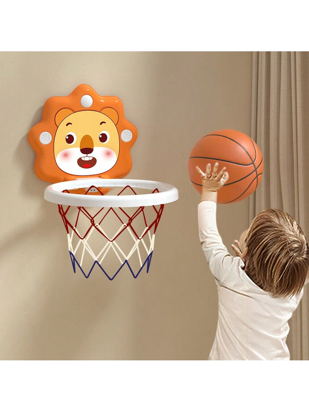 1pc Kids Orange Cartoon Lion Face Basketball Board, Foldable & Portable, Easily Installed With Suction Cups, Comes With A Pump & Soft Inflatable Basketball, Helps Improve Hand-Eye Coordination, Promote Physical Development, And Cultivate Children\ Basketb