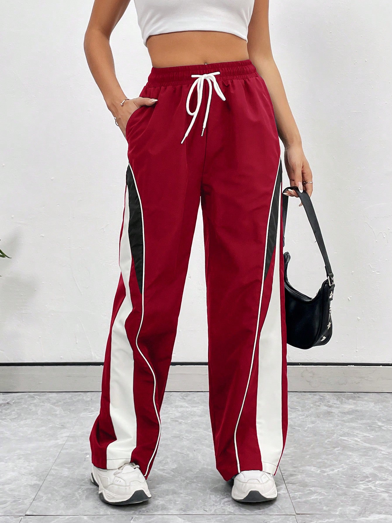 Women's Drawstring Waist Two-Tone Casual Sports Pants With Side Pockets