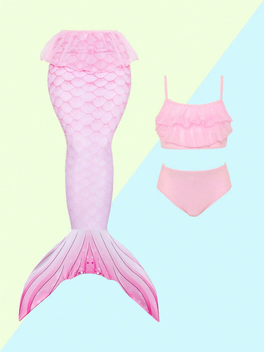 Young Girl Mermaid Shape 3pcs Swimsuit Set, With Top, Briefs And Mermaid Tail, For Beach Vacation