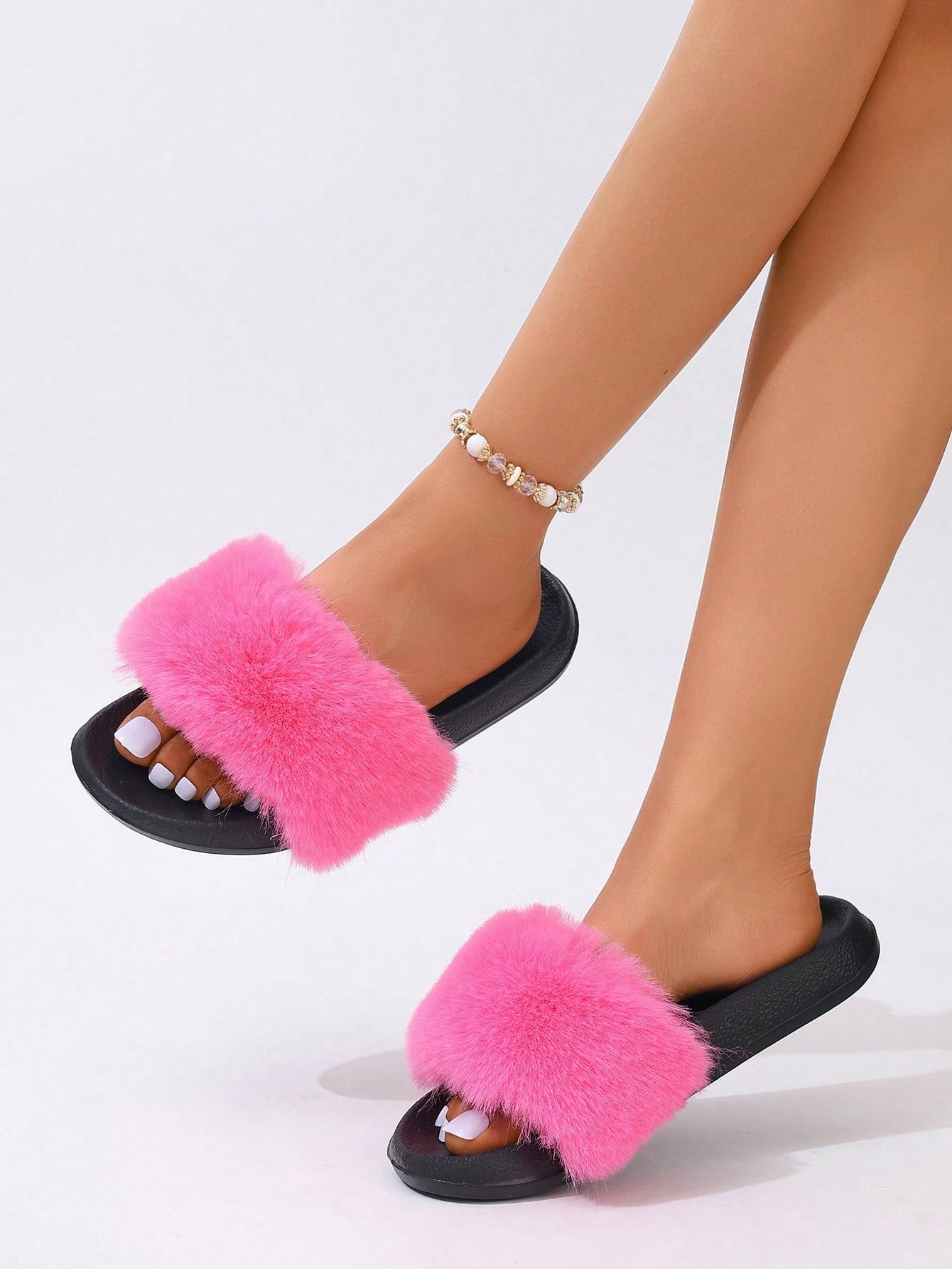 Women's Furry Colorful Slides, Fluffy Solid Beach Sandals, Non-Slip Sole, Fashion Open Toe Slippers For Summer Home & Outdoor Wear