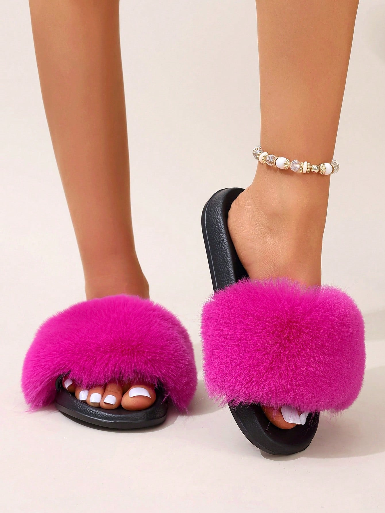 Women's Furry Colorful Slides, Fluffy Solid Beach Sandals, Non-Slip Sole, Fashion Open Toe Slippers For Summer Home & Outdoor Wear