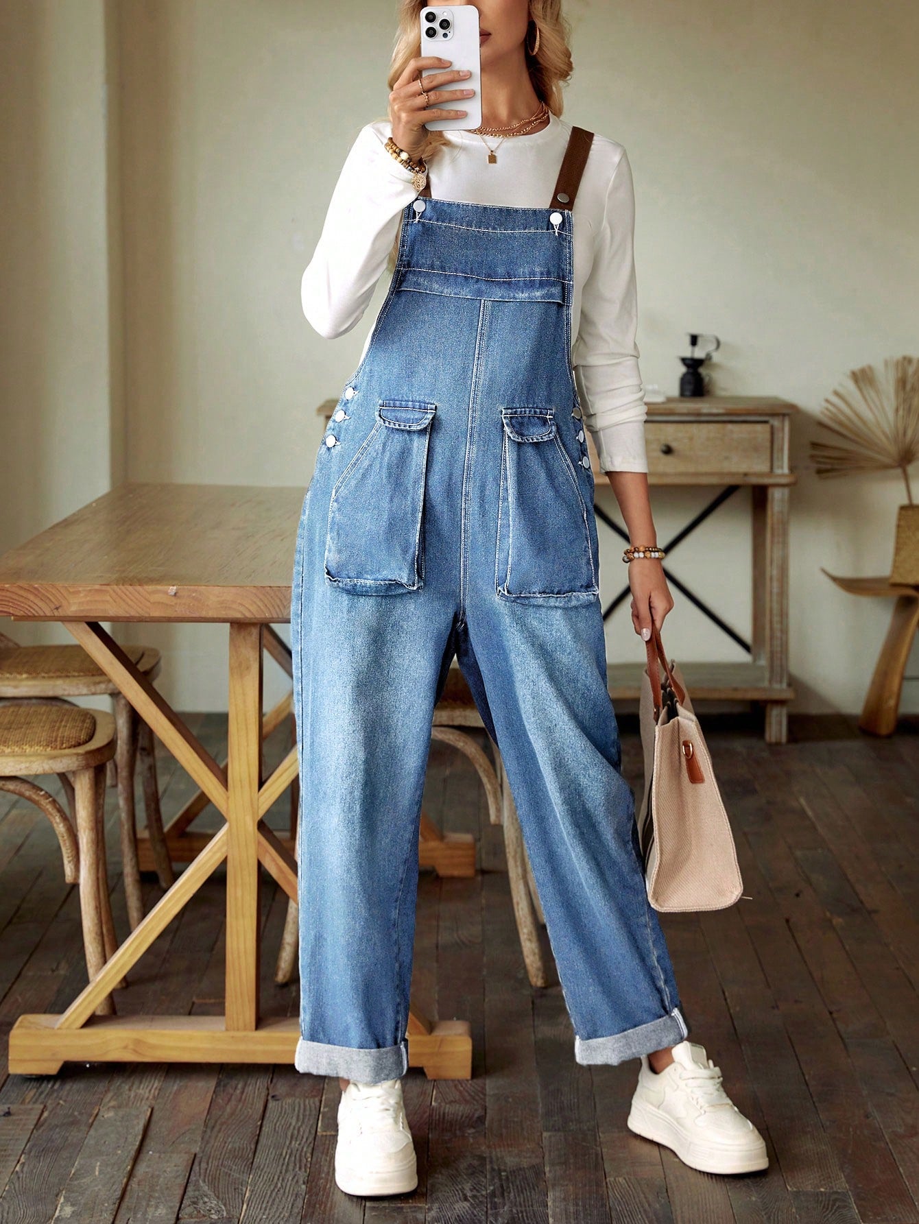 Big Pocket Washed Denim Suspender Jumpsuit