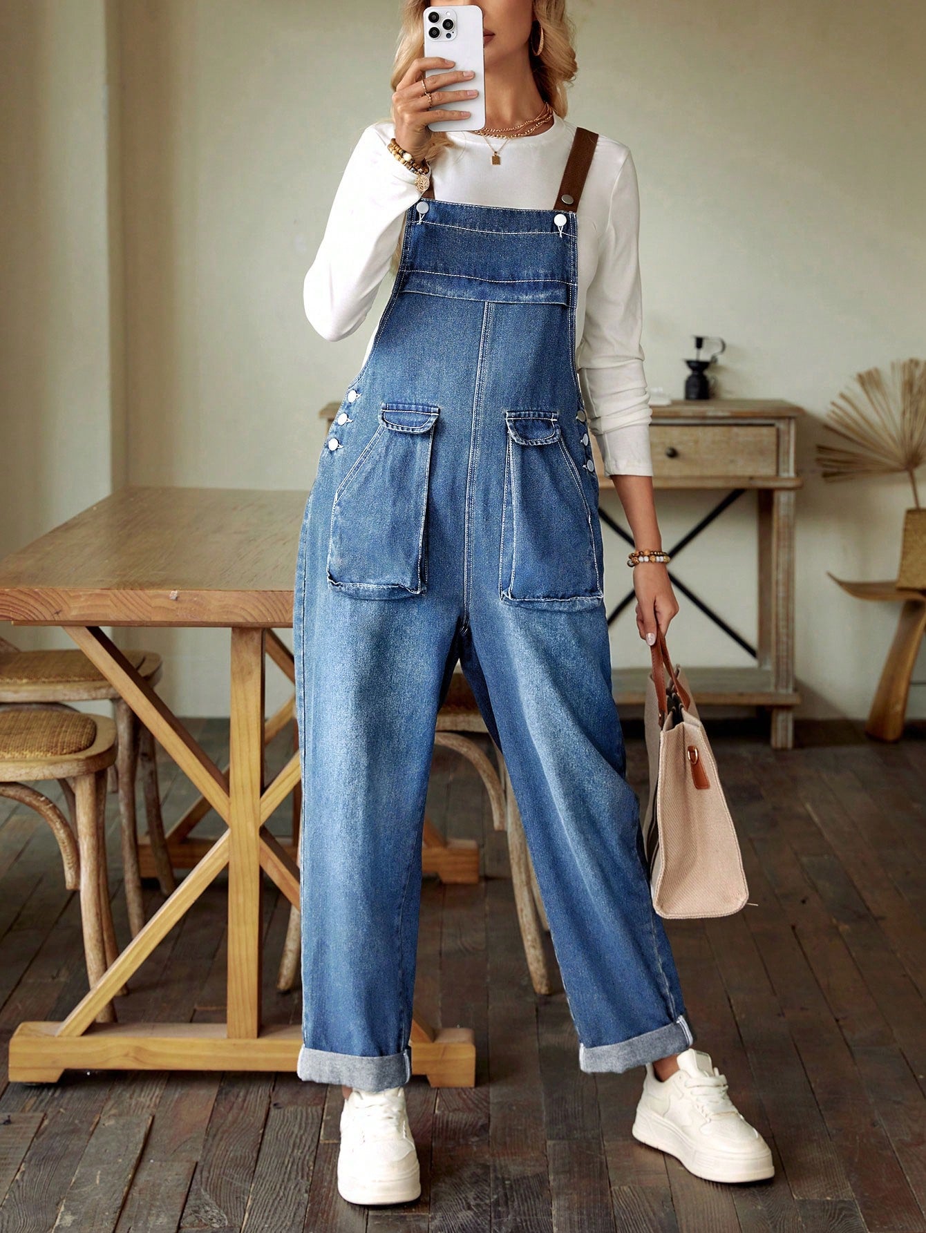 Big Pocket Washed Denim Suspender Jumpsuit