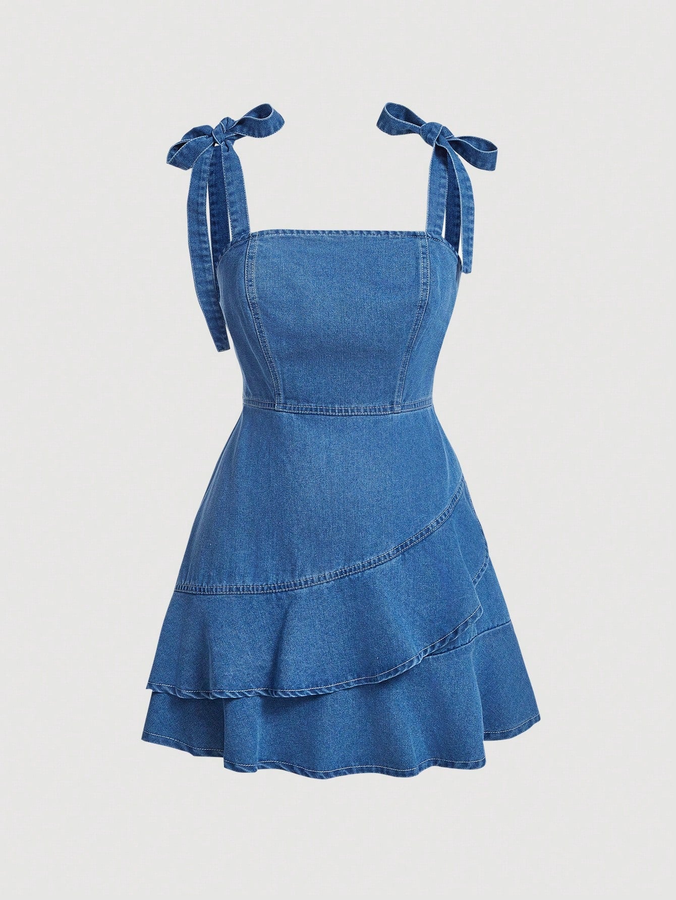 Women's Casual Denim Dress With Ruffled Hem And Adjustable Straps, Summer