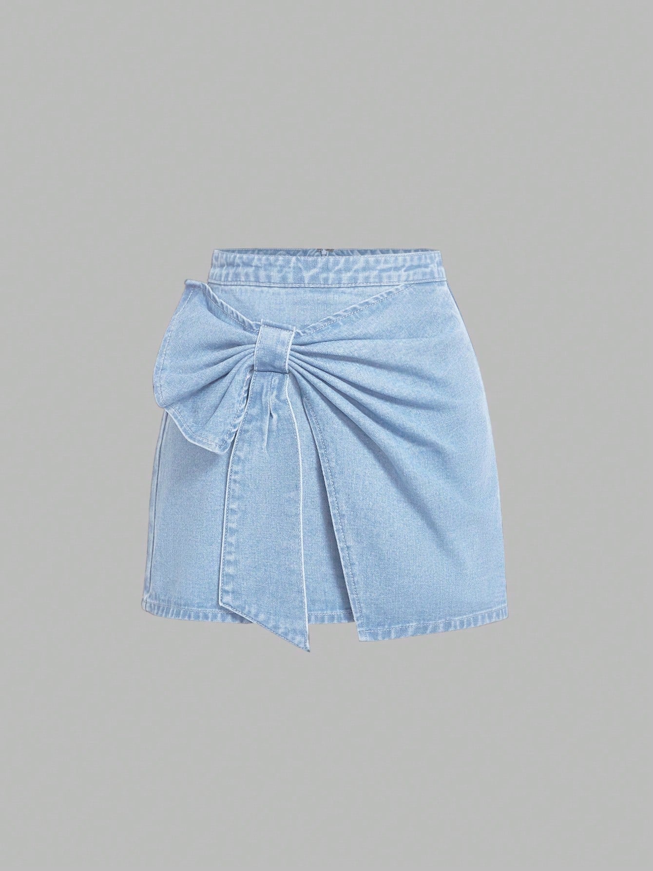 High-Waisted Blue Denim Mini Skirt With Bowknot Decoration For Women