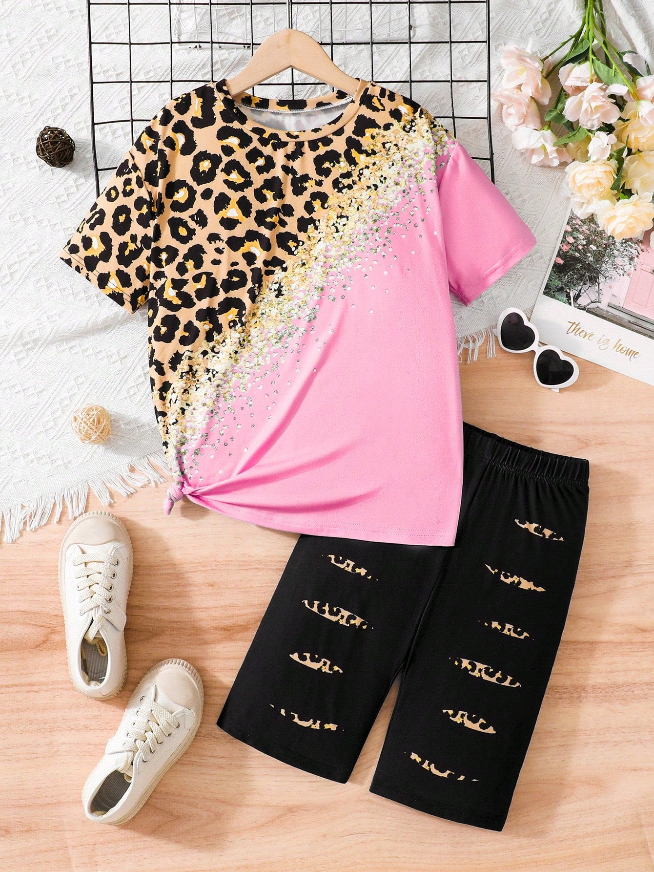 Tween Girl Leopard Color Block Short Sleeve T-Shirt & Cycling Shorts Set