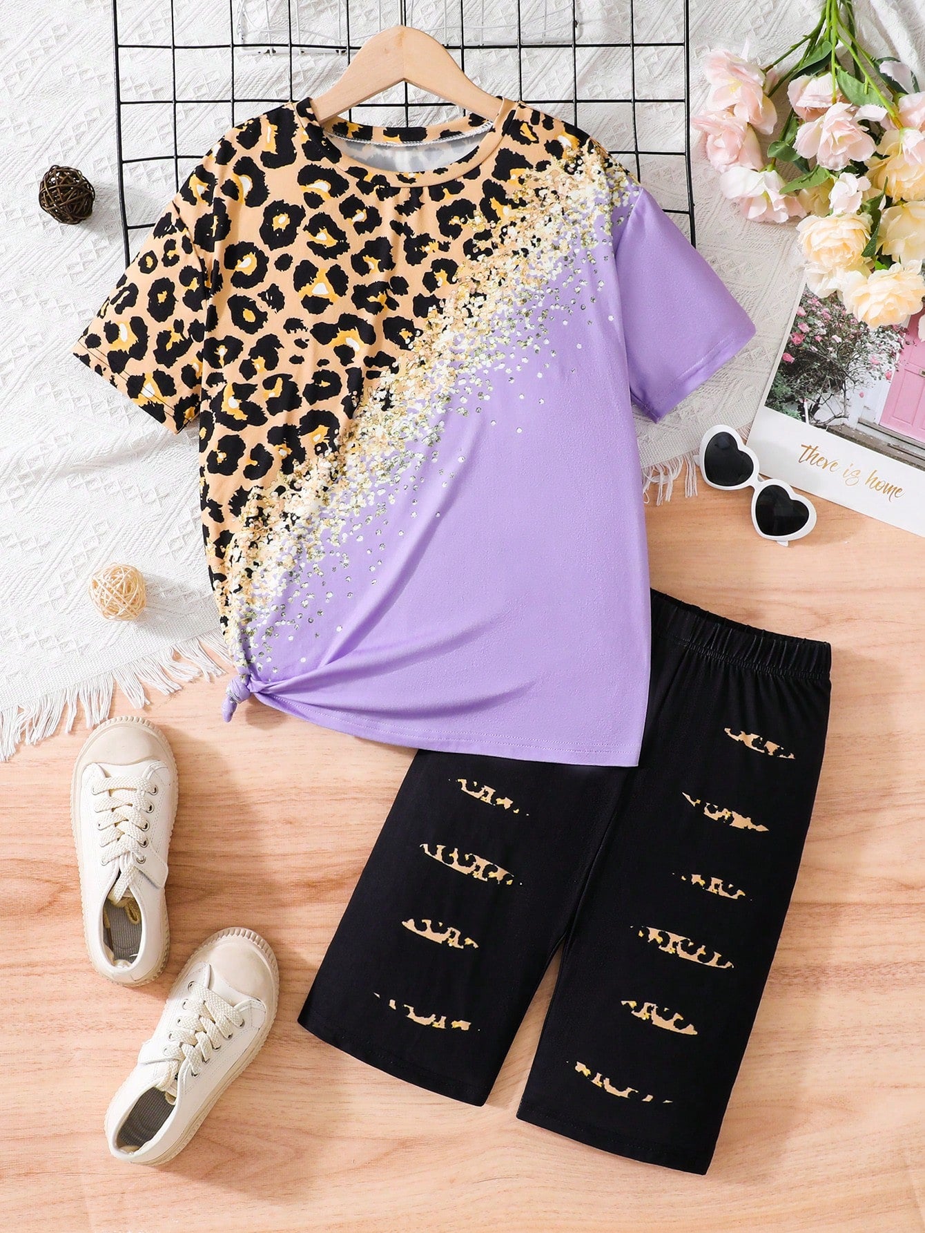 Tween Girl Leopard Color Block Short Sleeve T-Shirt & Cycling Shorts Set