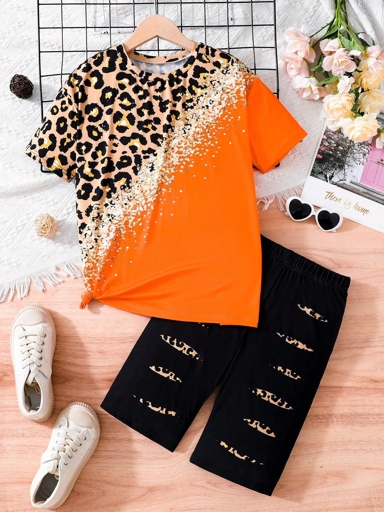 Tween Girl Leopard Color Block Short Sleeve T-Shirt & Cycling Shorts Set