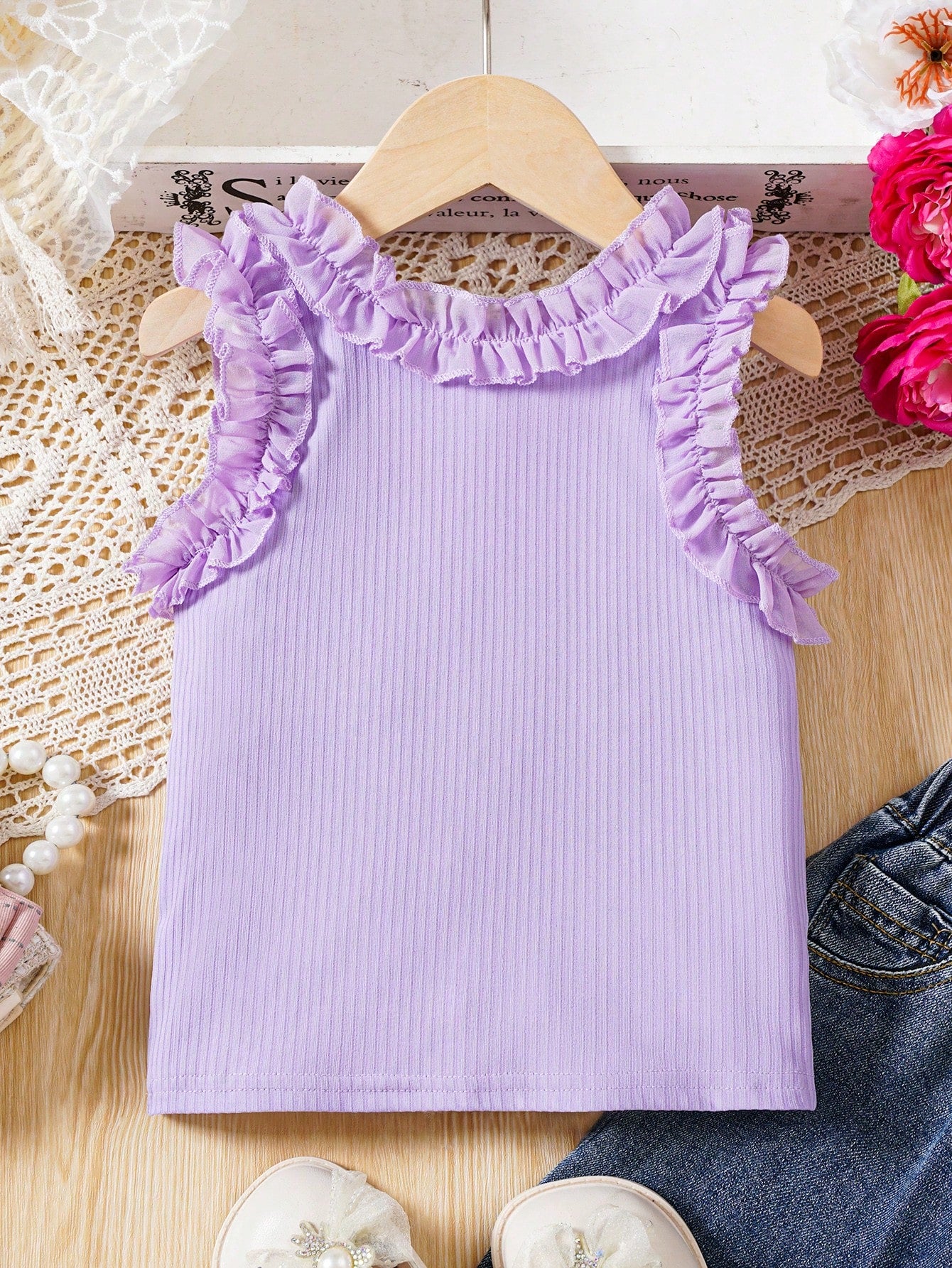 Young Girl Fashionable Ruffled Trim Tank Top For Summer