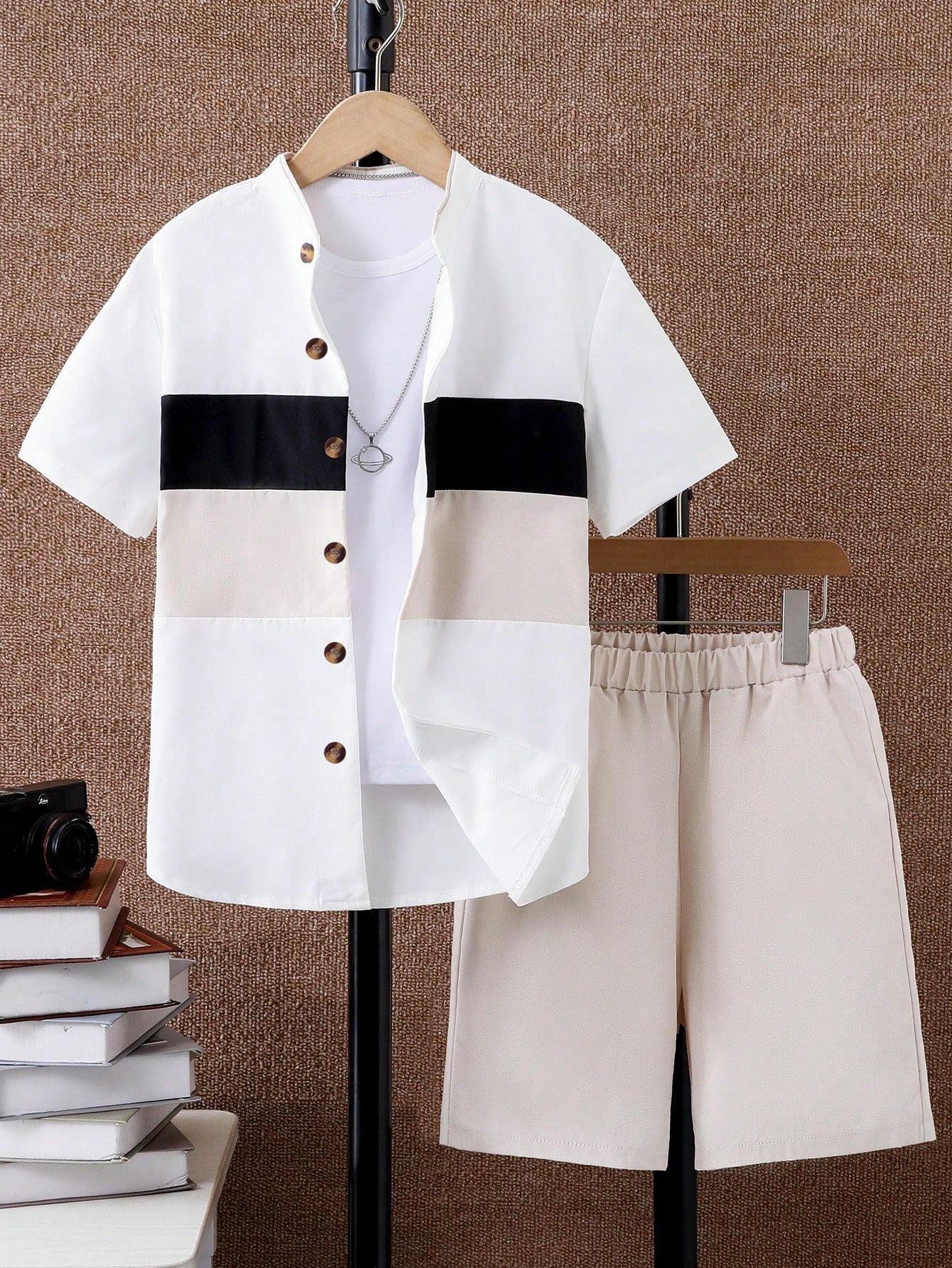 2pcs Tween Boys' College Style Short Sleeve Shirt And Shorts Set Color Block