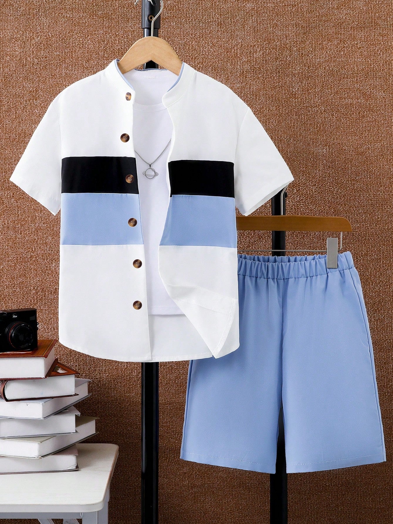 2pcs Tween Boys' College Style Short Sleeve Shirt And Shorts Set Color Block