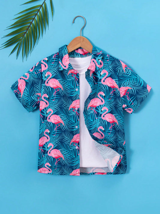 Tween Boy Casual Tropical Coconut Tree & Flamingo Print Short Sleeve Shirt, Perfect For Vacation, Parties And Outdoor Activities