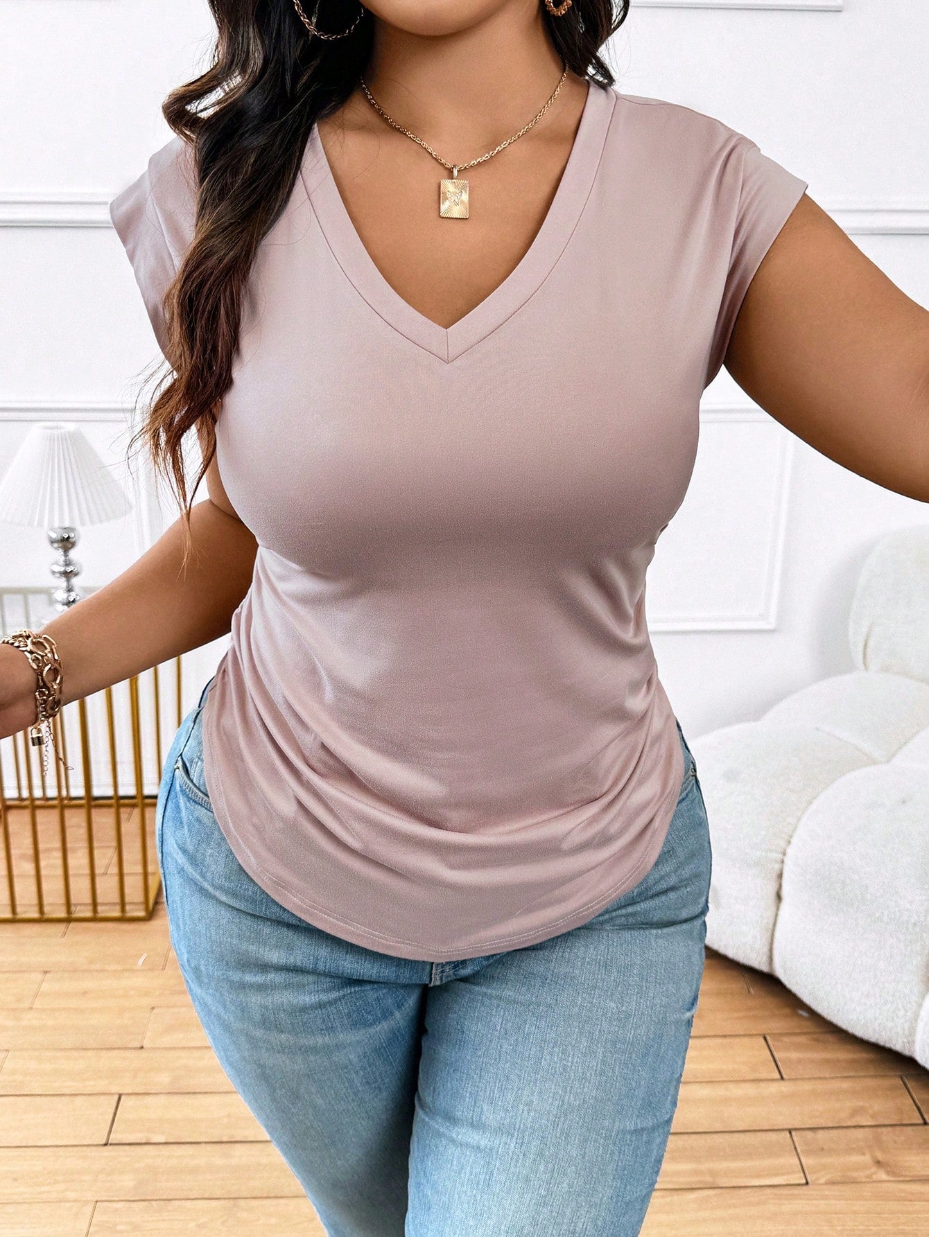 Plus Size Women Summer Solid Color V-Neck Half Sleeve Slim Fit T-Shirt