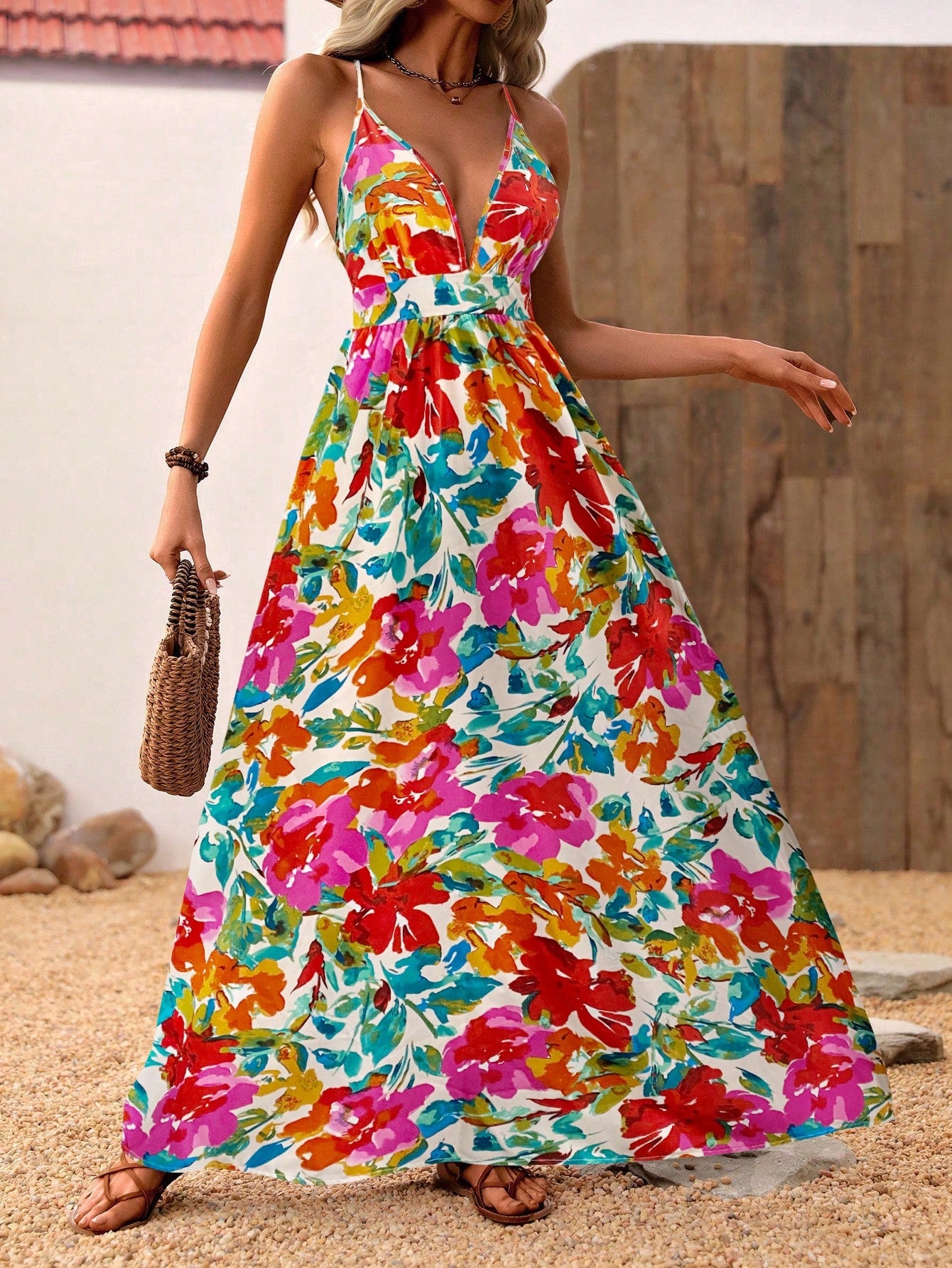 Flower Print Halter Neck Backless Dress