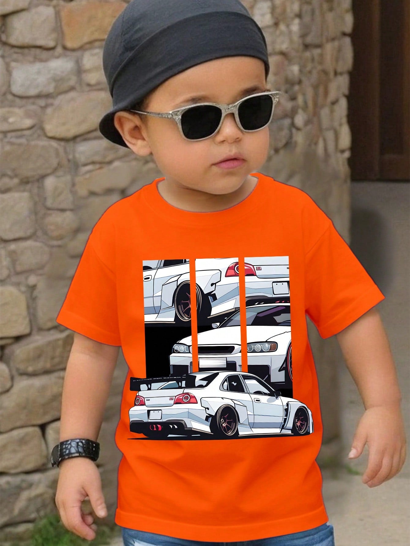 Young Boys' Casual Simple Car Print Round Neck T-Shirt Suitable For Summer