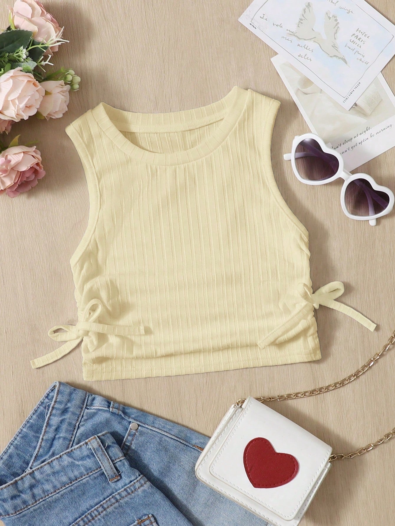 Solid Color Casual Round Neck Tank Top With Pleated Hem And Side Knot Detail For Young Girls