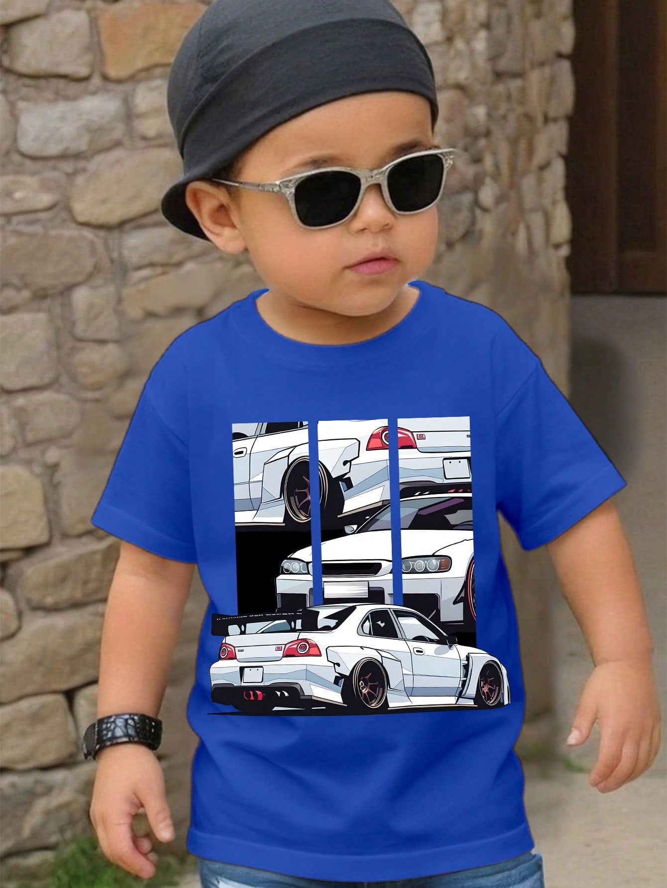 Young Boy Casual And Simple White Race Car Pattern Round Neck T-Shirt Suitable For Summer