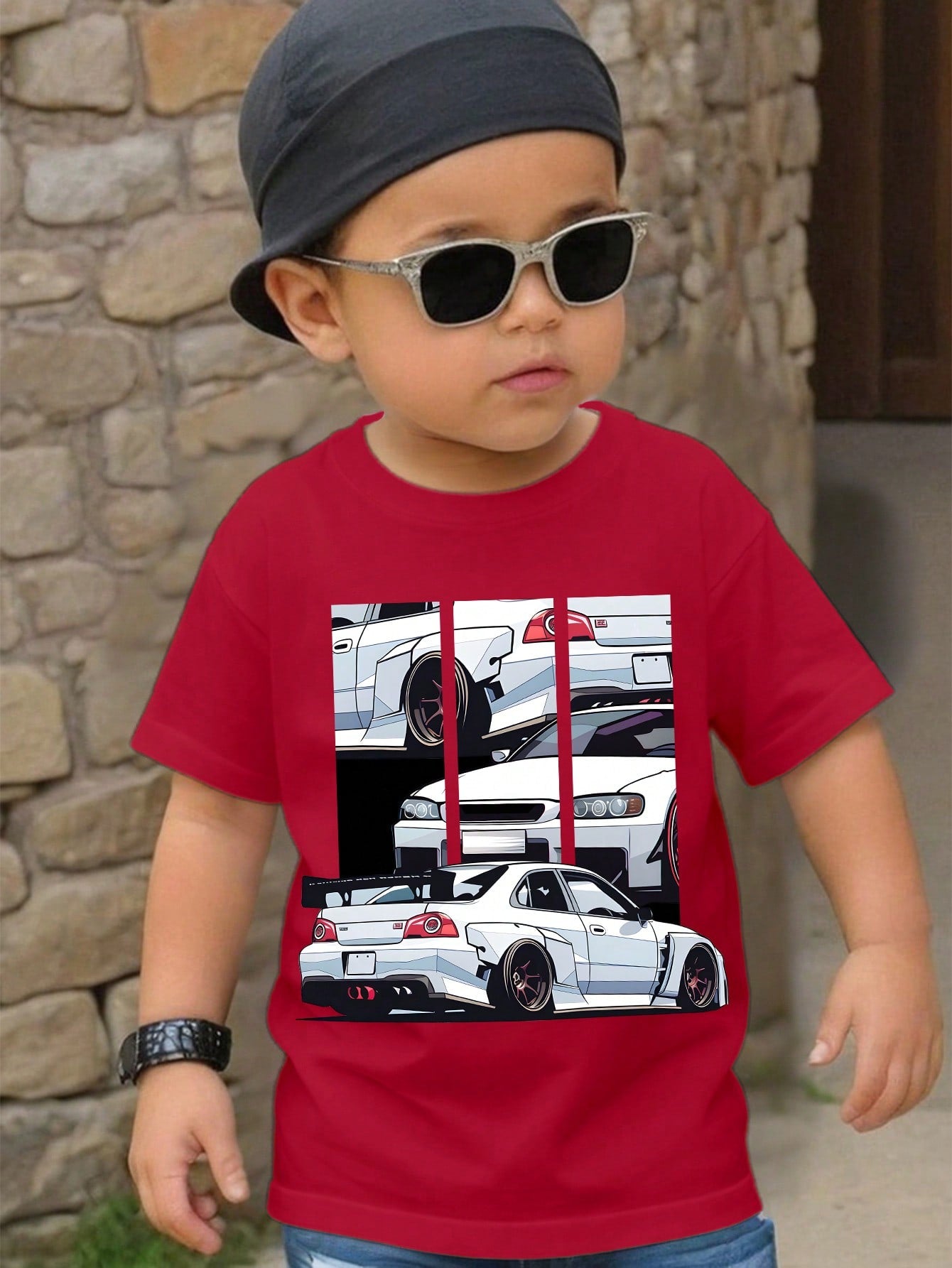 Young Boys' Casual Simple Car Print Round Neck T-Shirt Suitable For Summer