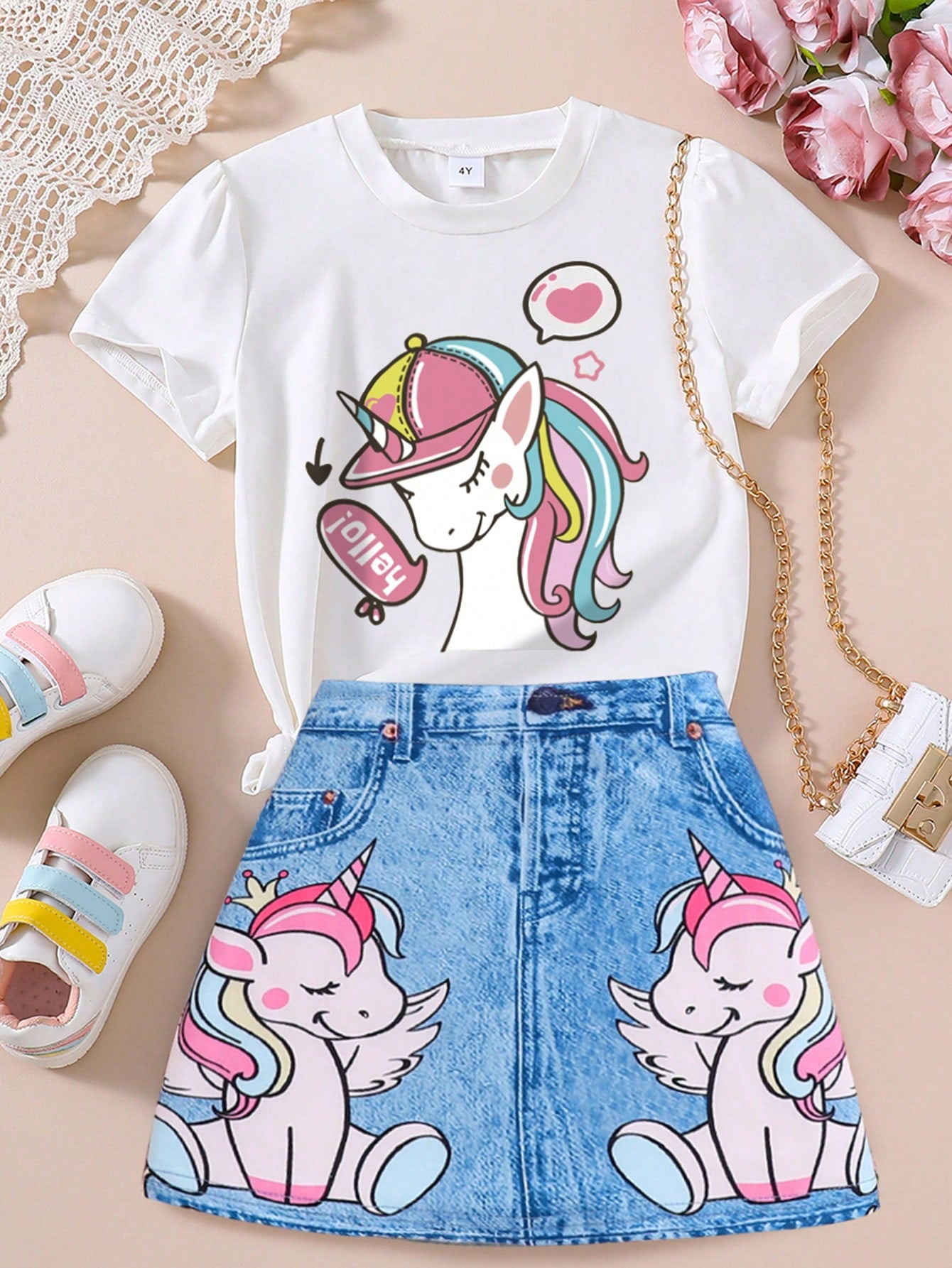 Young Girl Unicorn Pattern Printed Short Sleeve Top And Denim Print Skirt