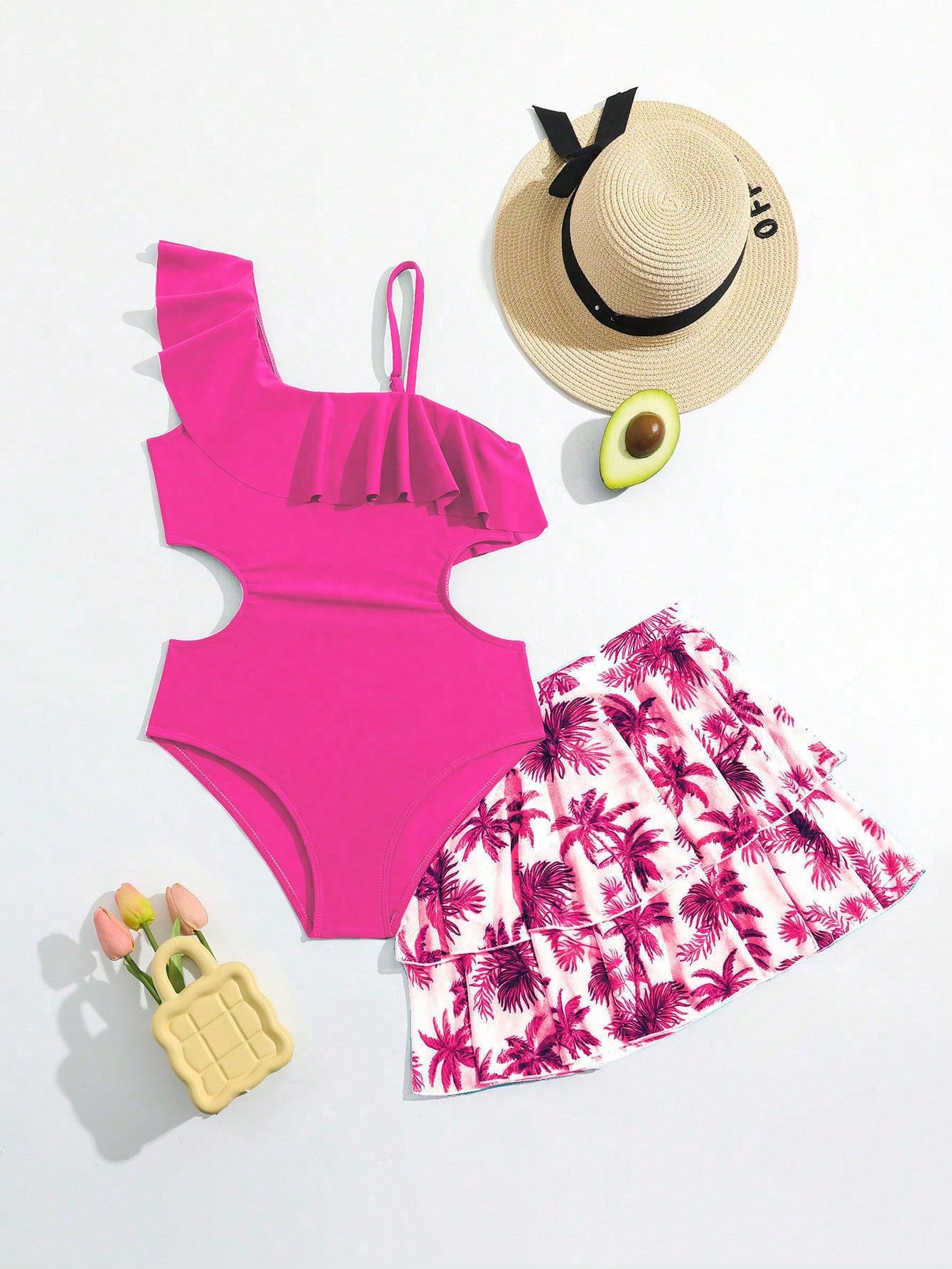 Tween Girls Solid Ruffle Trim One-Piece Swimsuit And Coconut Resort Print Skirt Two-Piece Set