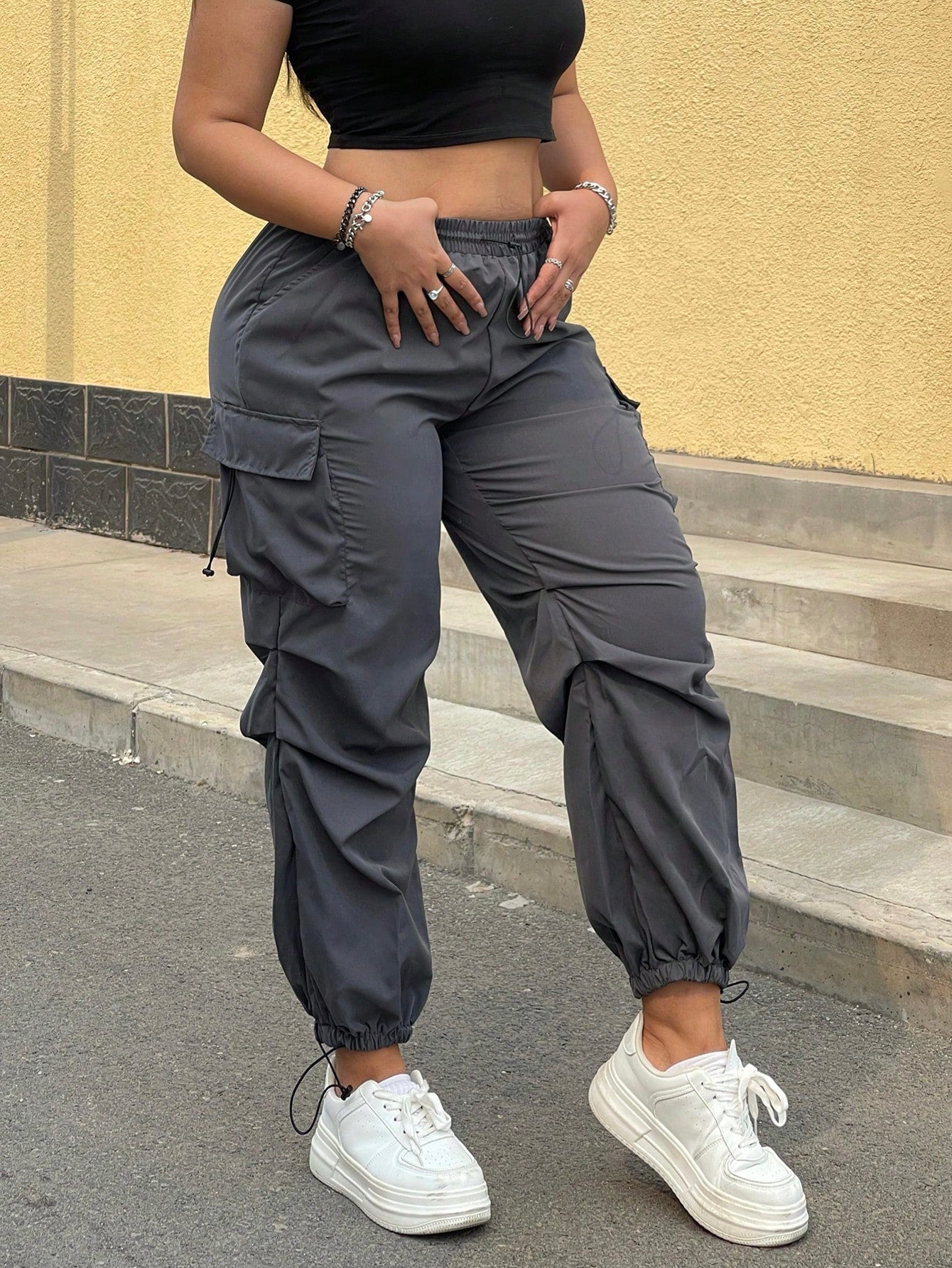 Plus Size Casual Solid Color Multi-Pocket Drawstring Cargo Pants