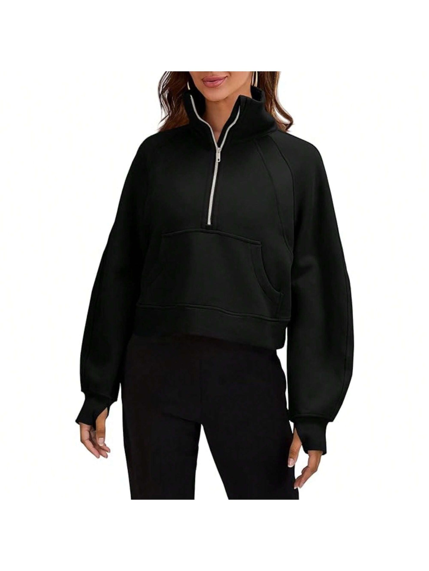 Womens Sweatshirts Half Zipper Crop Pullover Funnel Neck Fleece Lined Zip Up Long Sleeve Tops Thumb Hole