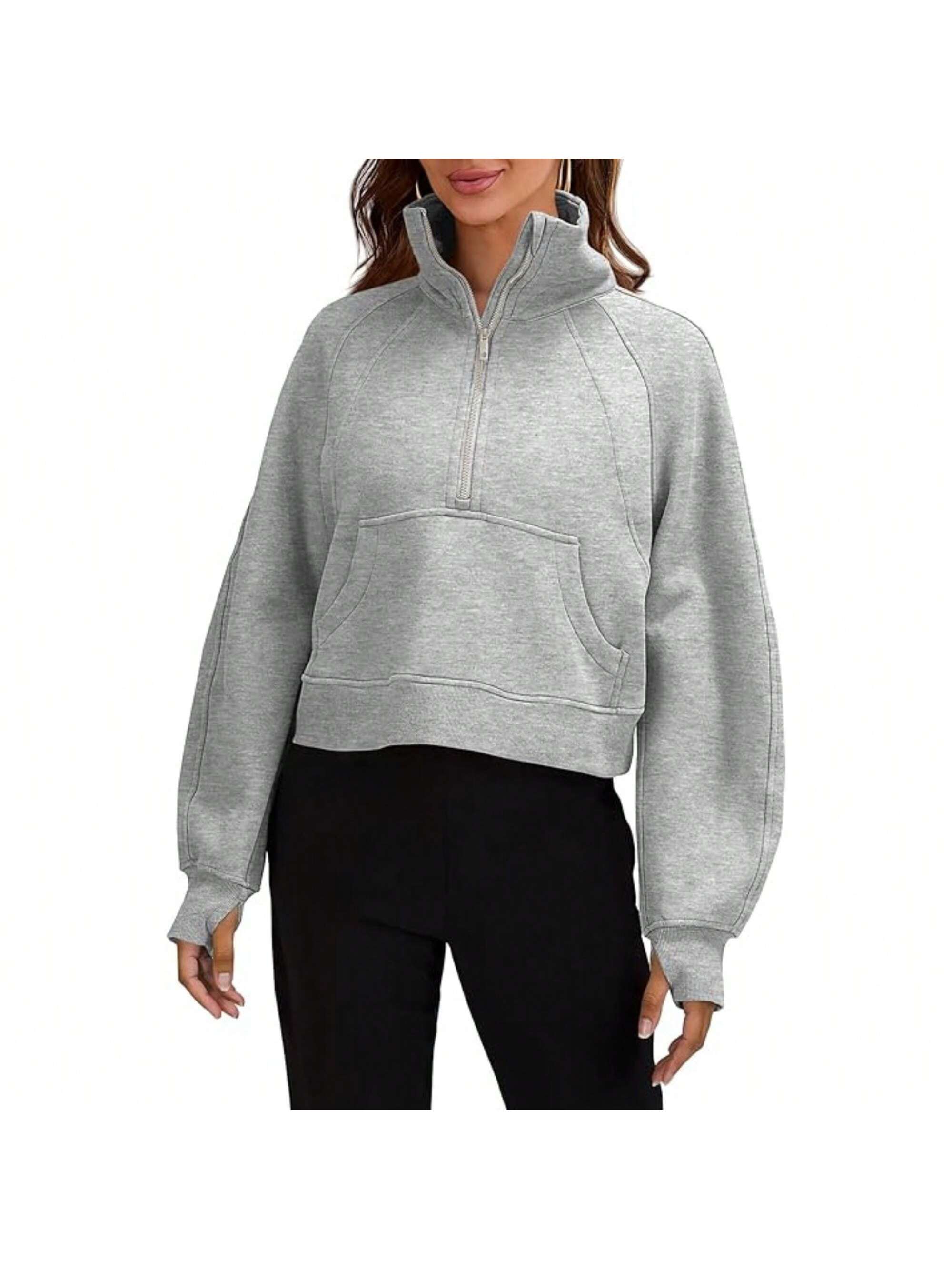 Womens Sweatshirts Half Zipper Crop Pullover Funnel Neck Fleece Lined Zip Up Long Sleeve Tops Thumb Hole