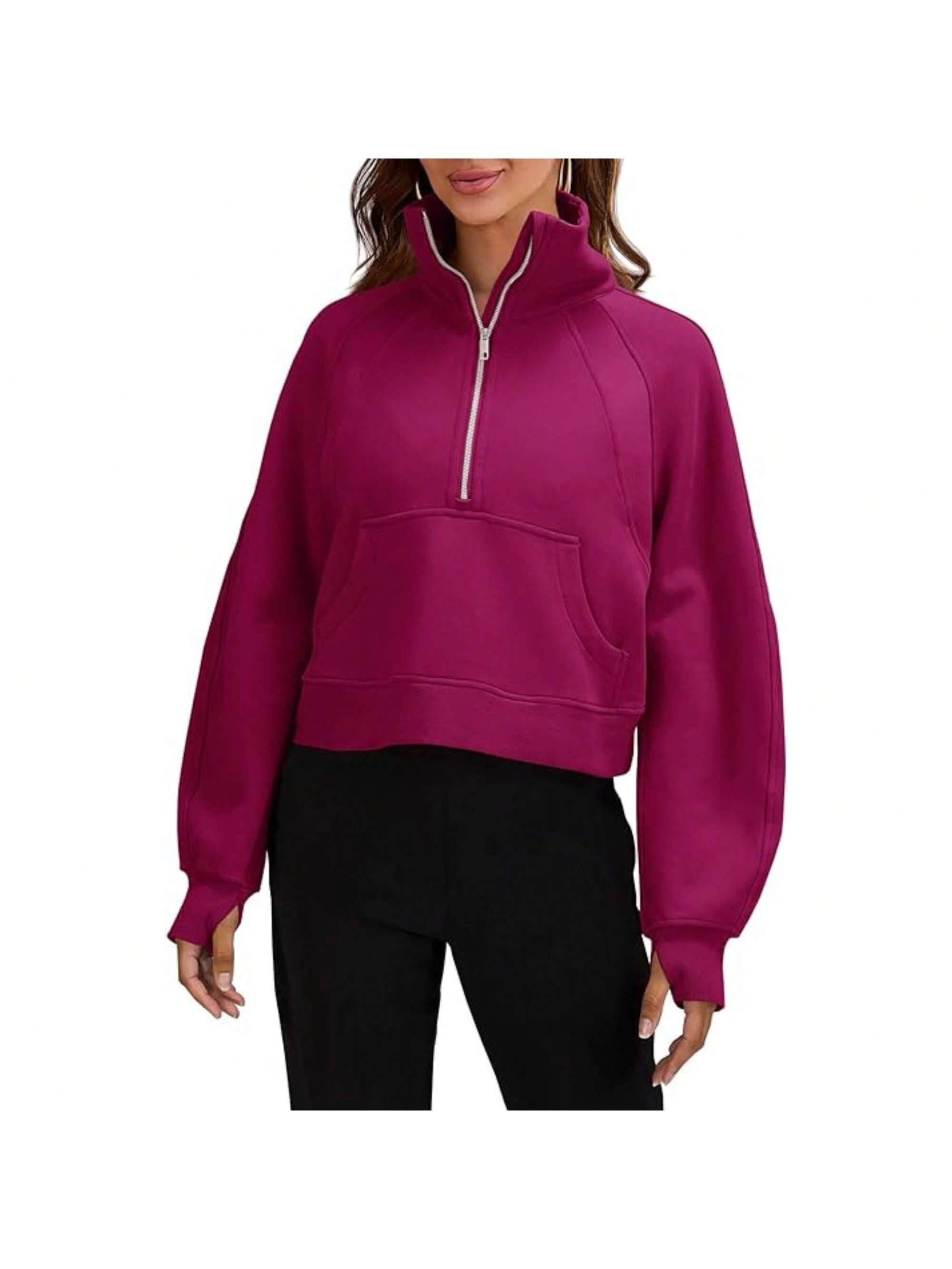 Womens Sweatshirts Half Zipper Crop Pullover Funnel Neck Fleece Lined Zip Up Long Sleeve Tops Thumb Hole