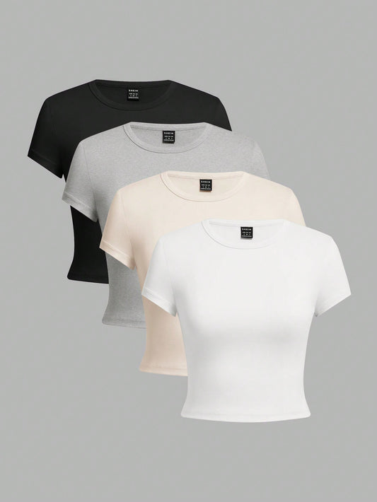 4pcs Casual Round Neck Short Sleeve Fitted Women T-Shirts, Suitable For Summer