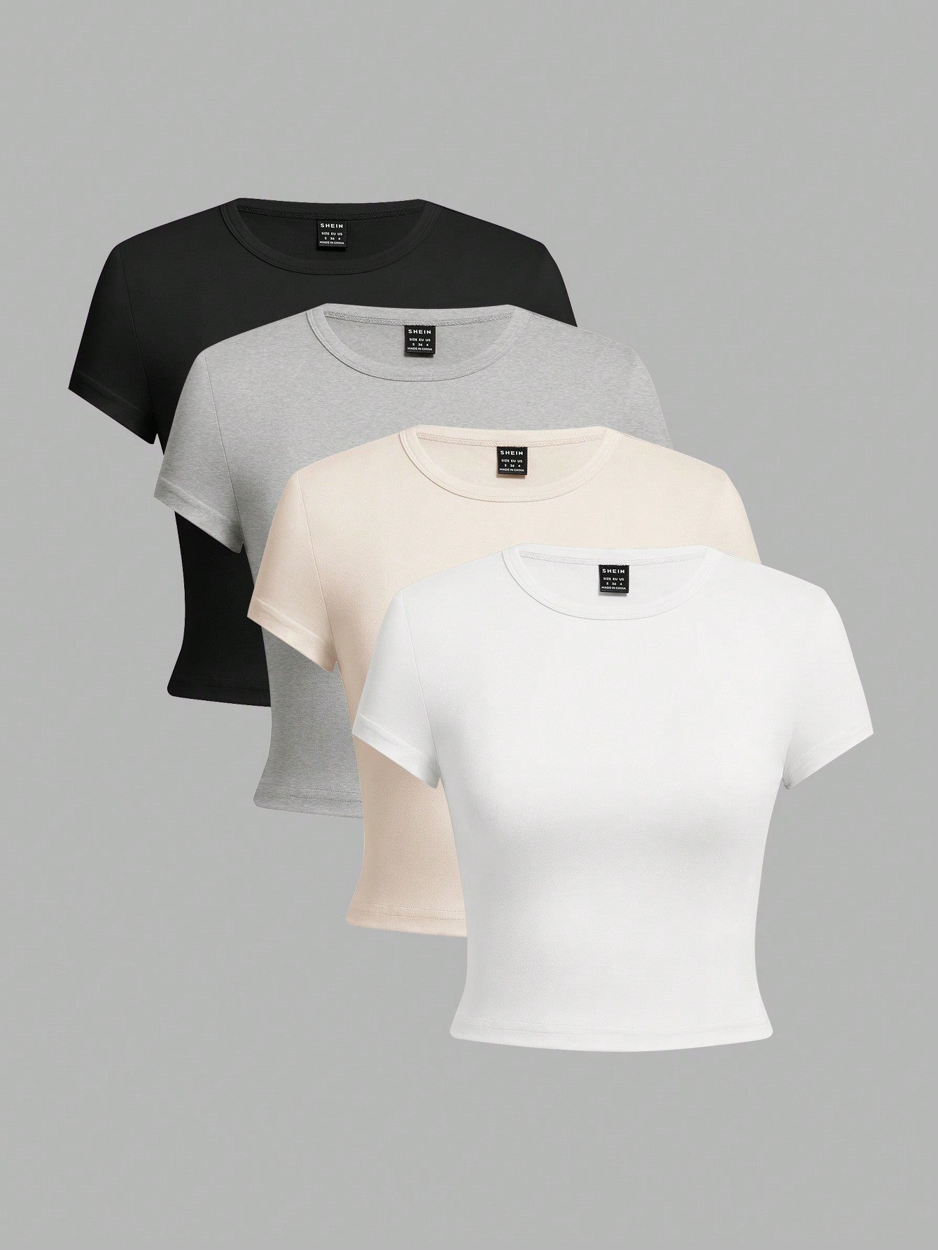 4pcs/Set Casual Round Neck Crop Sleeve Crop Lady's T-Shirt For Summer, Slim Fit