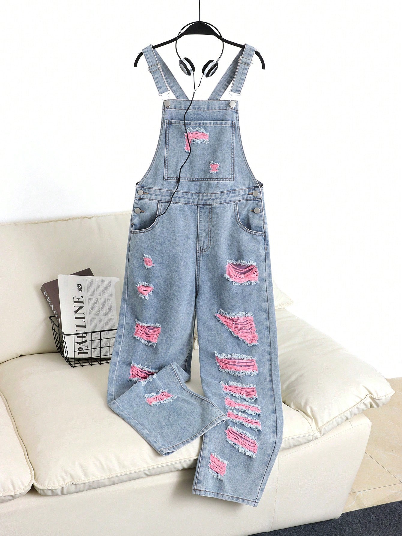 Teen Girls' Pink Colorblock Loose Fit Denim Overalls With Distressed Detail