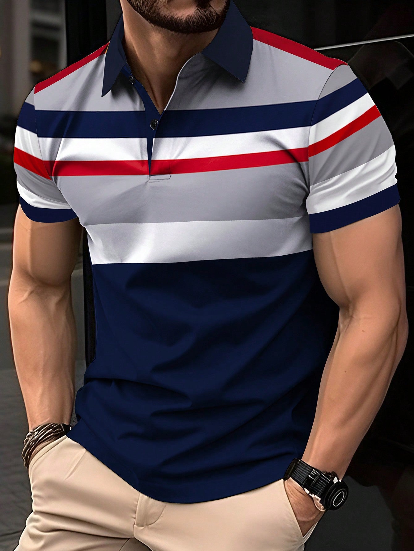 Men's Fashionable Striped Short Sleeve Polo Shirt, Simple Style