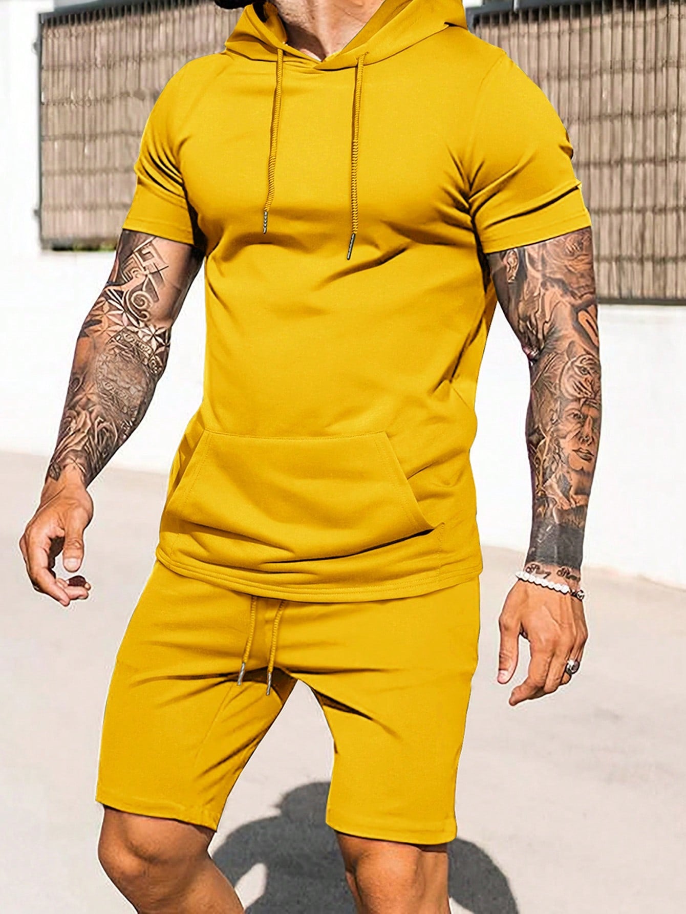 Men Summer Daily Wear Plain Hoodie And Shorts Set