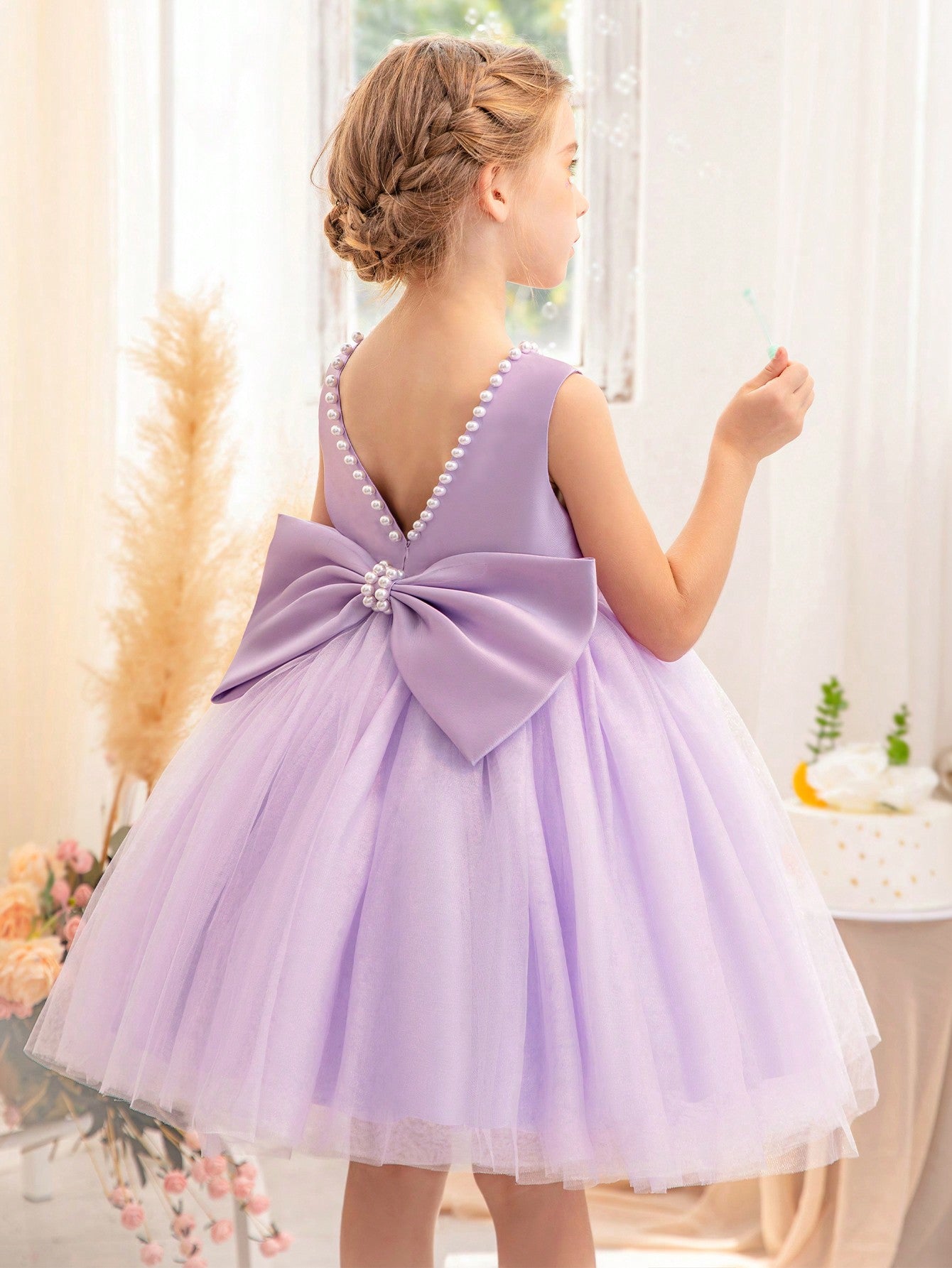 Young Girl Pearl Bowknot Decorated Mesh Patchwork Dress Suitable For Birthday Parties, Dance Parties, Festivals, Daily Wear, Ceremonies, Flower Girls, Weddings And Stage Performances