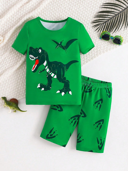 Tween Boys Wild Dinosaur Print Green Short Sleeve Shorts Snug Fit Casual Homewear Set