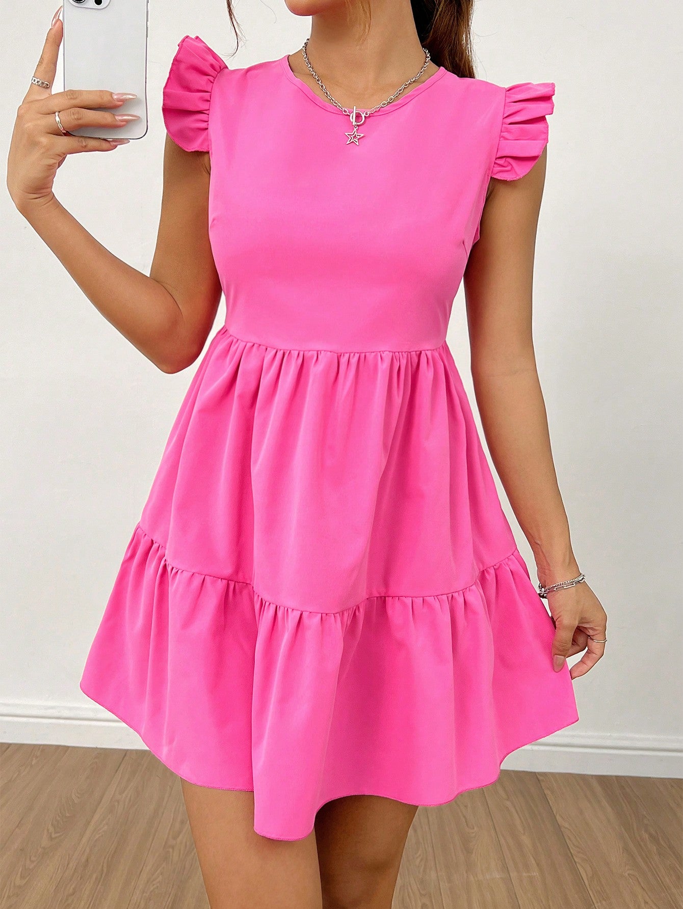 Flutter Sleeve Keyhole Back Ruffle Hem Dress