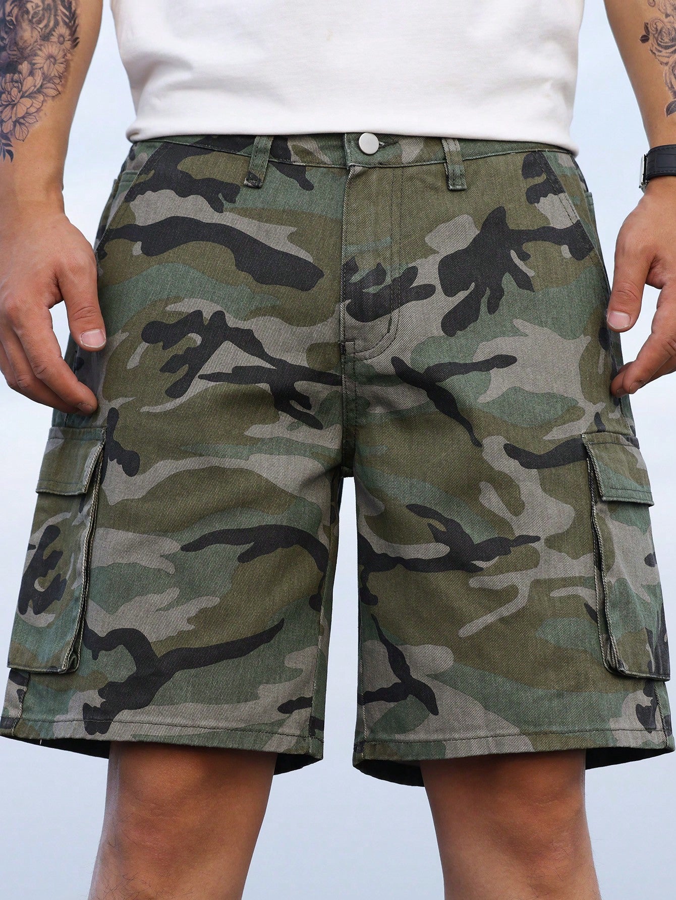 Men's Plus Size Camouflage Print Shorts With Pockets, Summer Casual Shorts