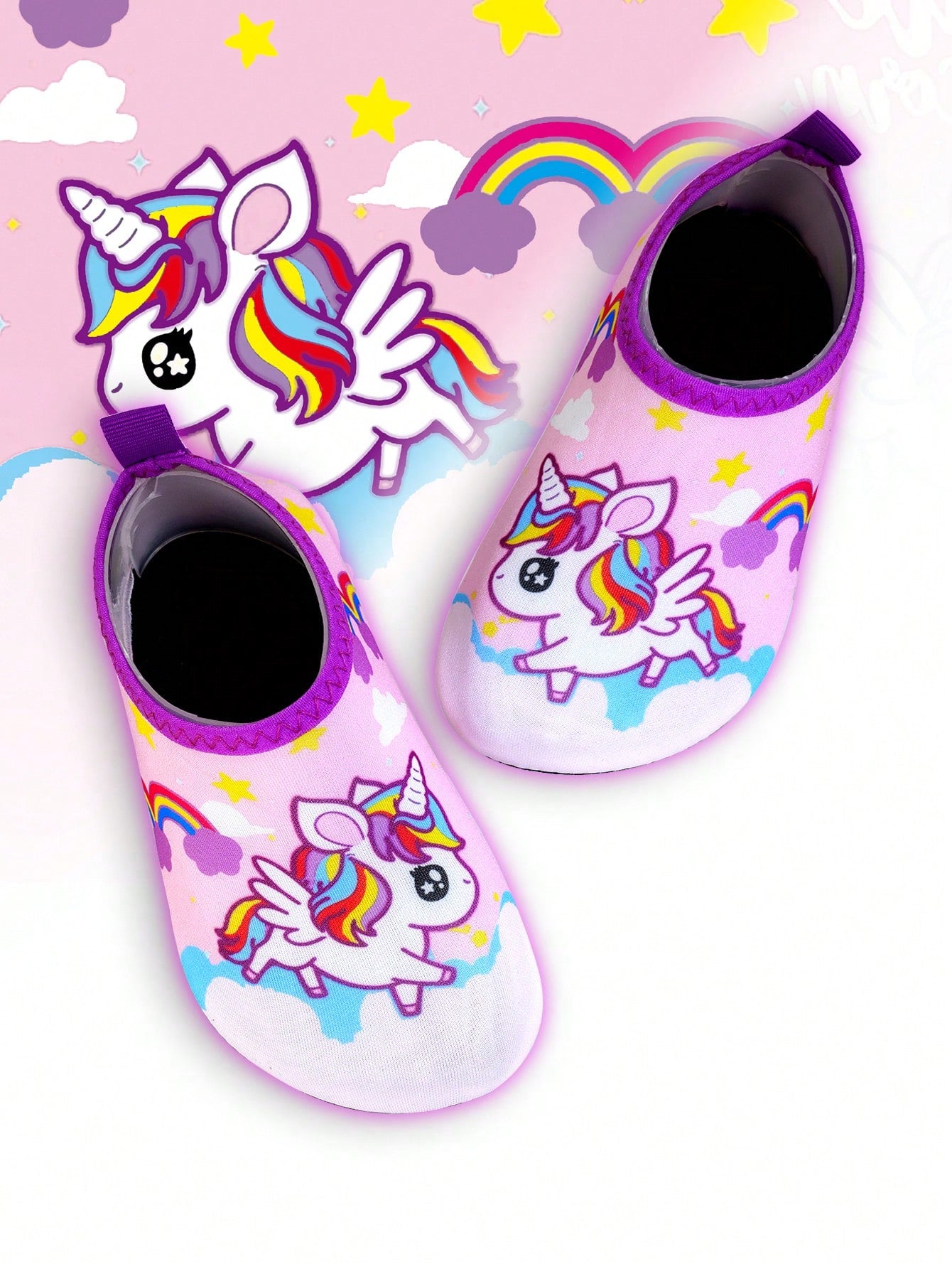 1pair Girls' Pink Unicorn Rubber Anti-Slip Cute Water Shoes For Beach & Breathable Yoga Shoes For Kids, Best For Toddler Walking Practice