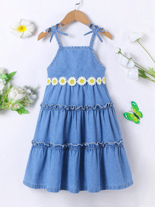 Young Girl's Vacation/College Style Denim Dress With Lace Trim And Comfortable Loose Fit Camisole Straps