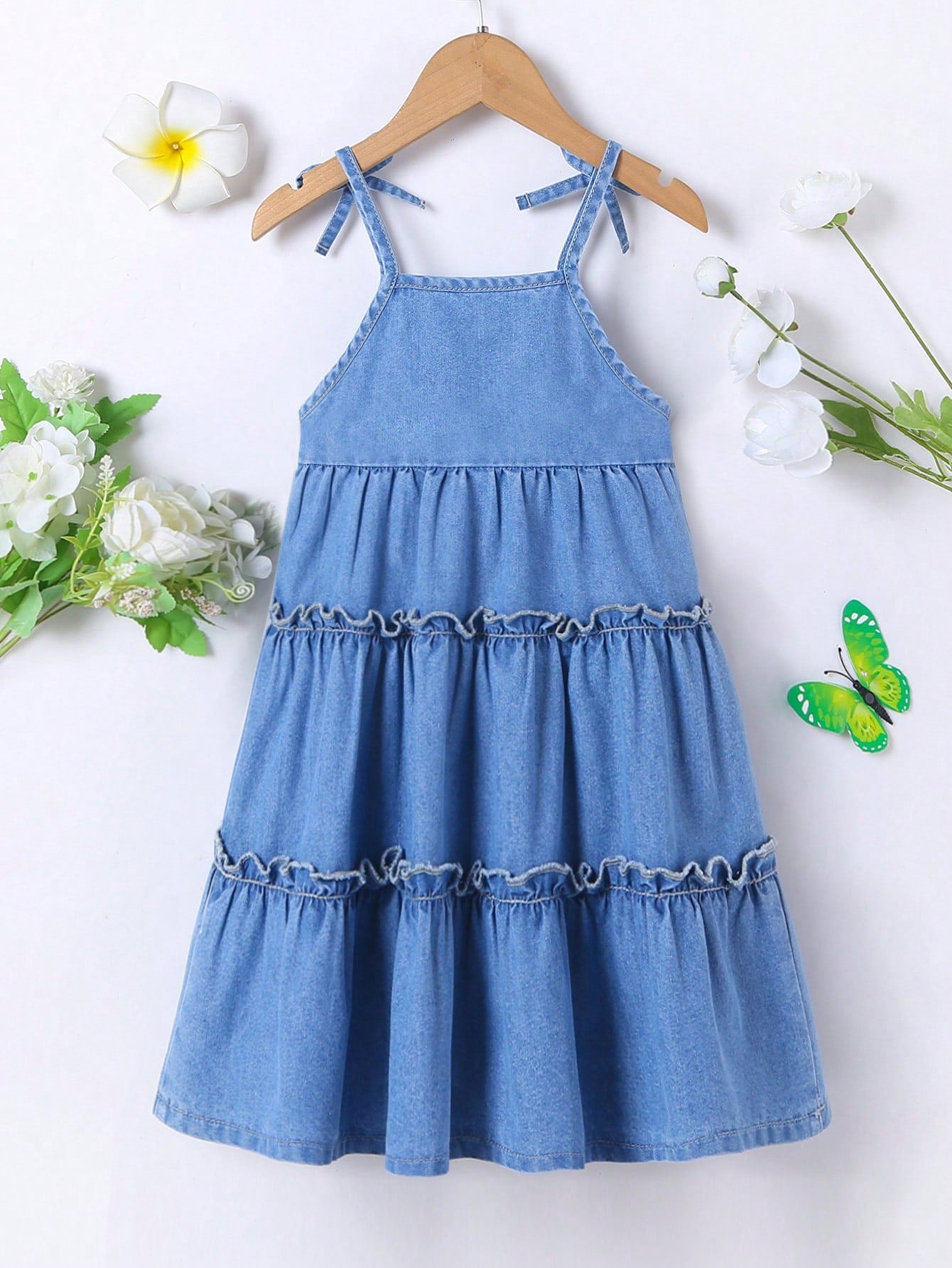 Young Girl's Vacation/College Style Denim Dress With Lace Trim And Comfortable Loose Fit Camisole Straps