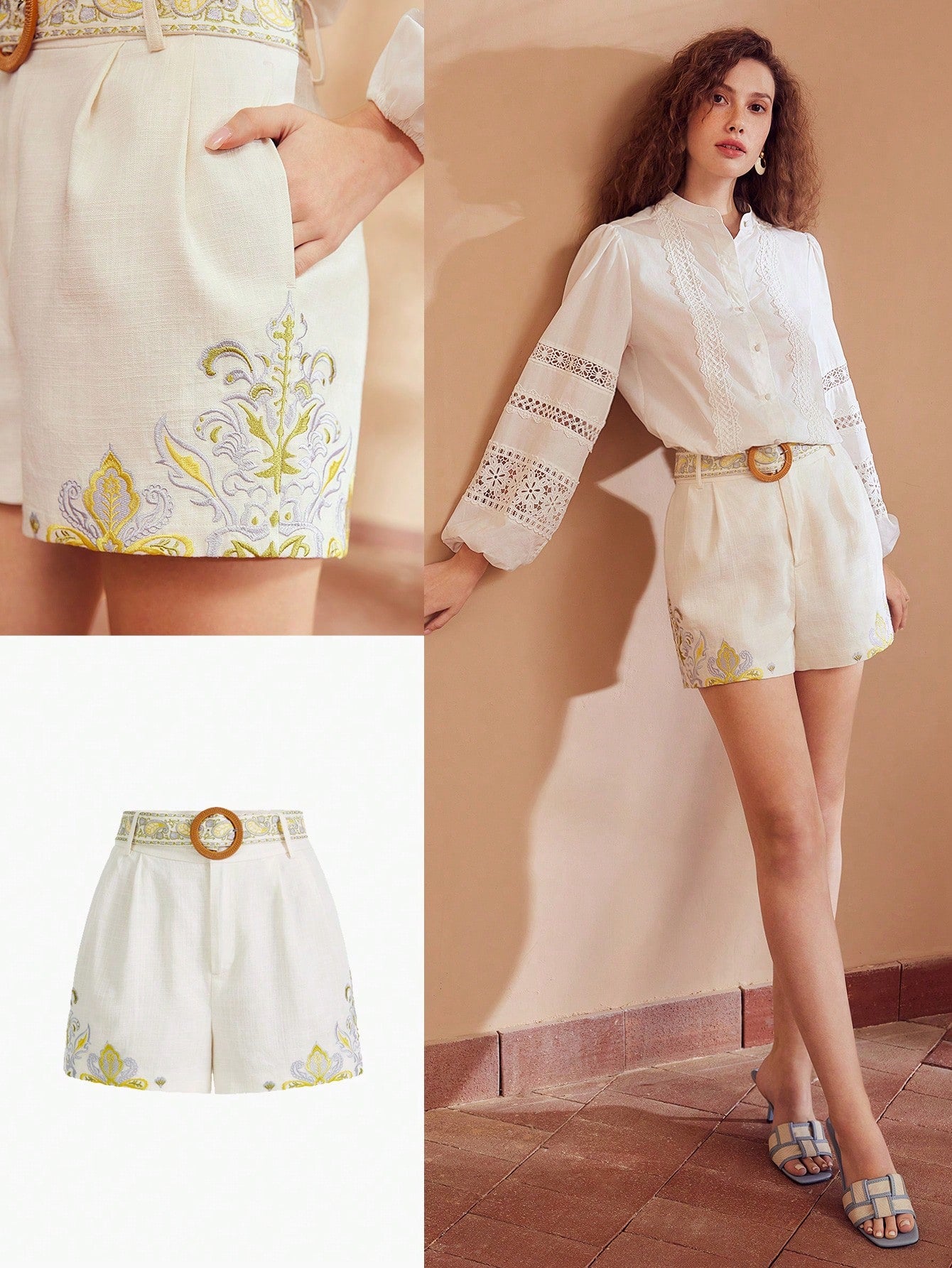 LINEN EMBROIDERY PLANTS PATTERN BUCKLE BELTED SHORTS