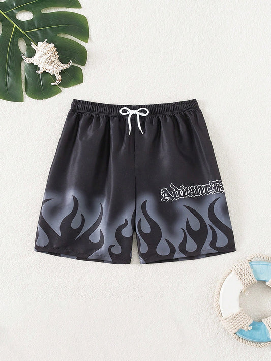 Teen Boy Flame Letter Printed Swim Trunks With Waist Tie (Pattern Positioning)