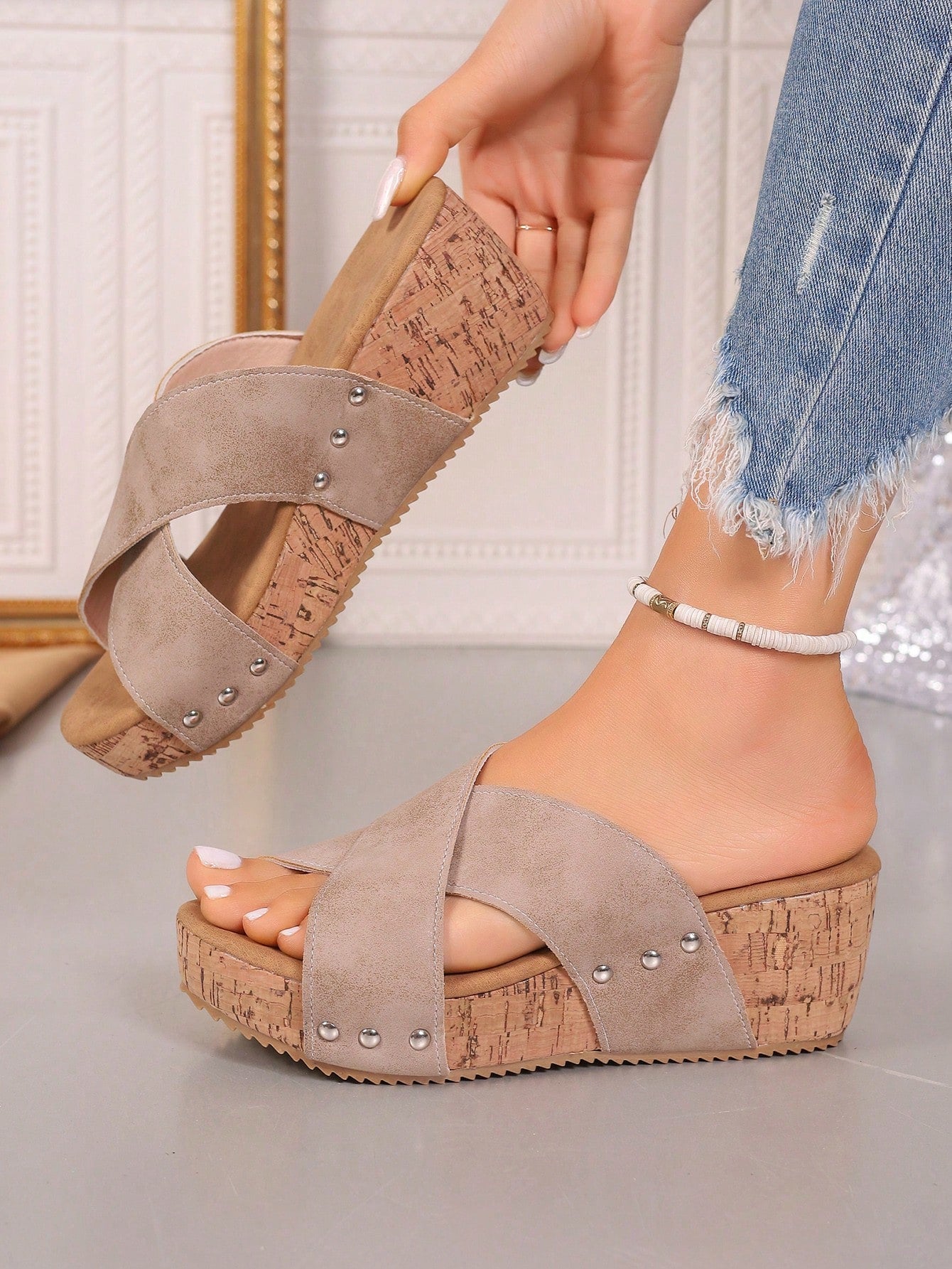 Korean Style High Heel Peep-Toe Slippers With Cork Platform For Women, Featuring Cross Straps, Rivets And Suede Wedge Heels