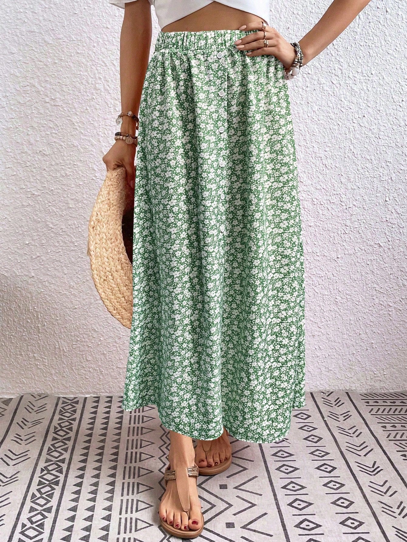 Summer Elastic Waist Casual Long Skirt With Ditsy Floral